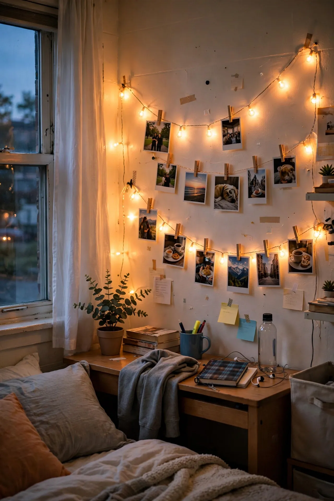 Warm string lights with clipped photos along a dorm room wall in the evening