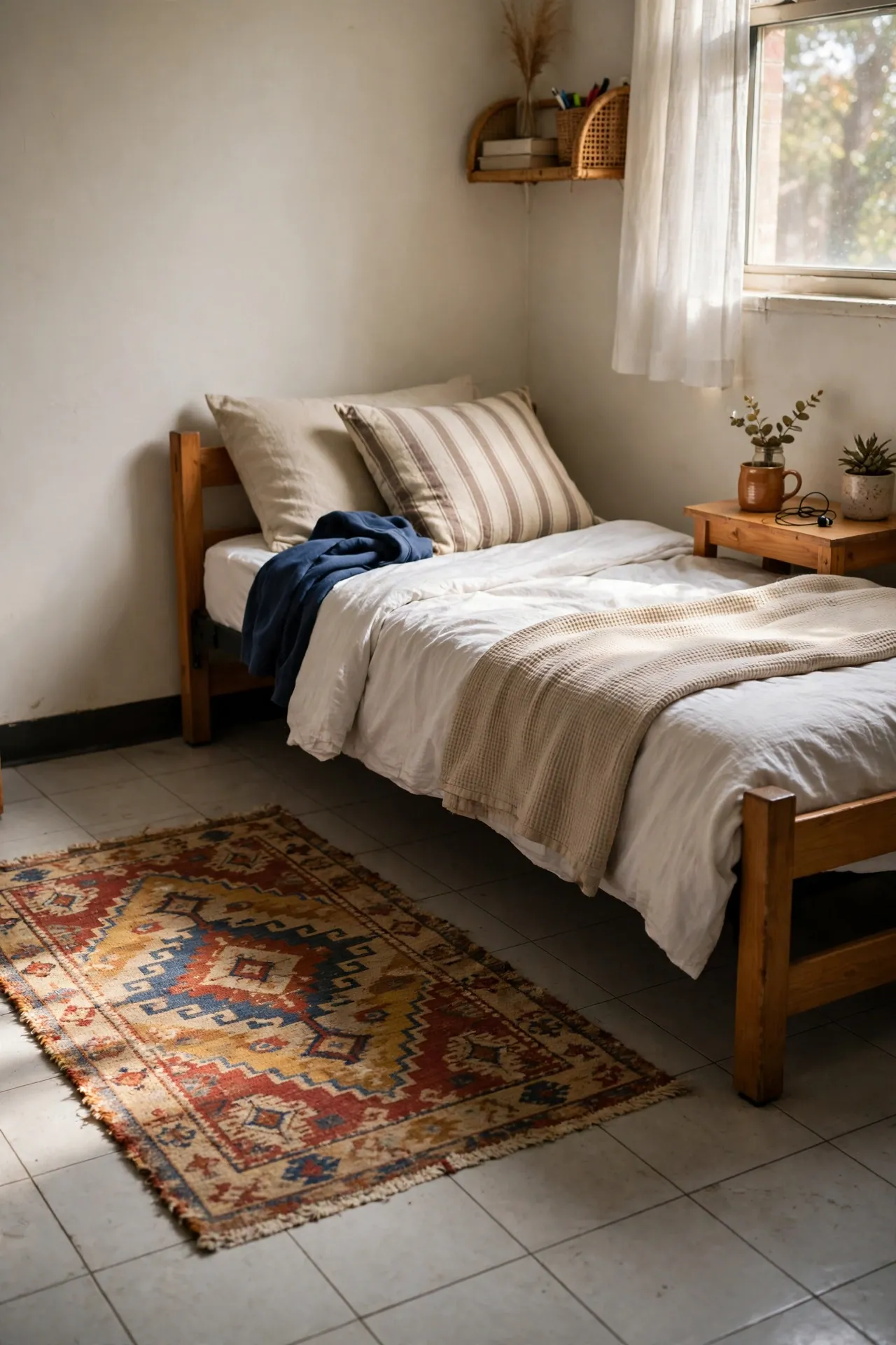 Patterned thrifted rug beside a dorm bed on a plain floor