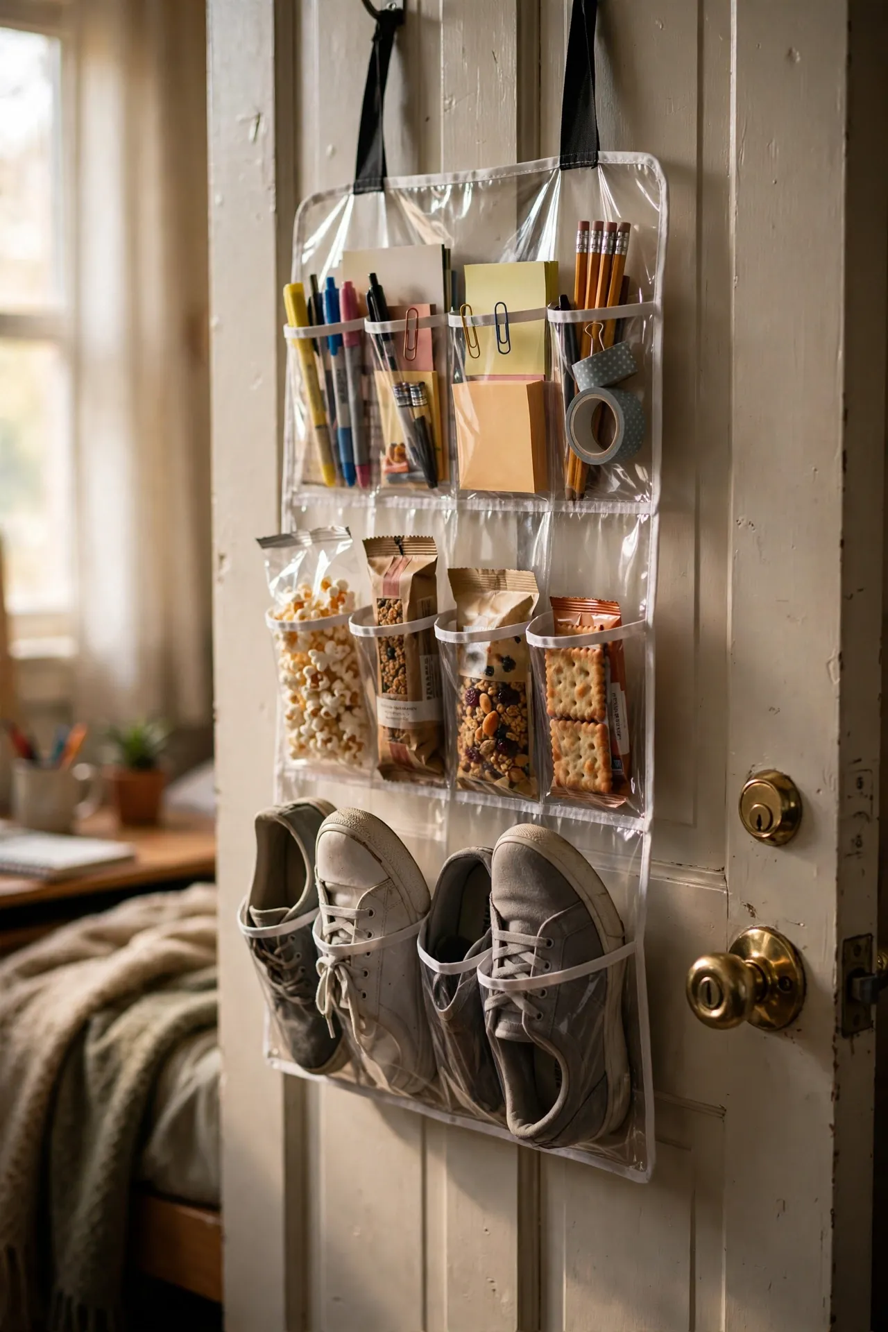 Clear over-the-door organizer with shoes and supplies on a dorm room door