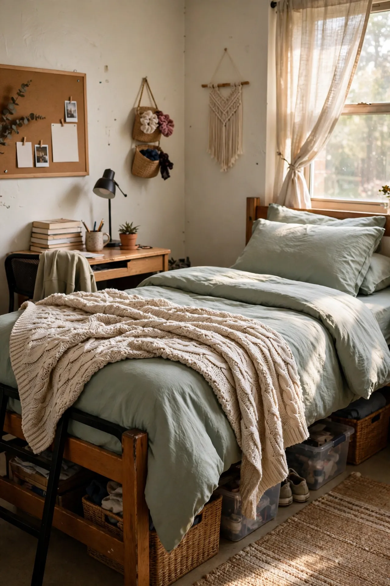 Dorm bed made with calm sage bedding and a textured throw