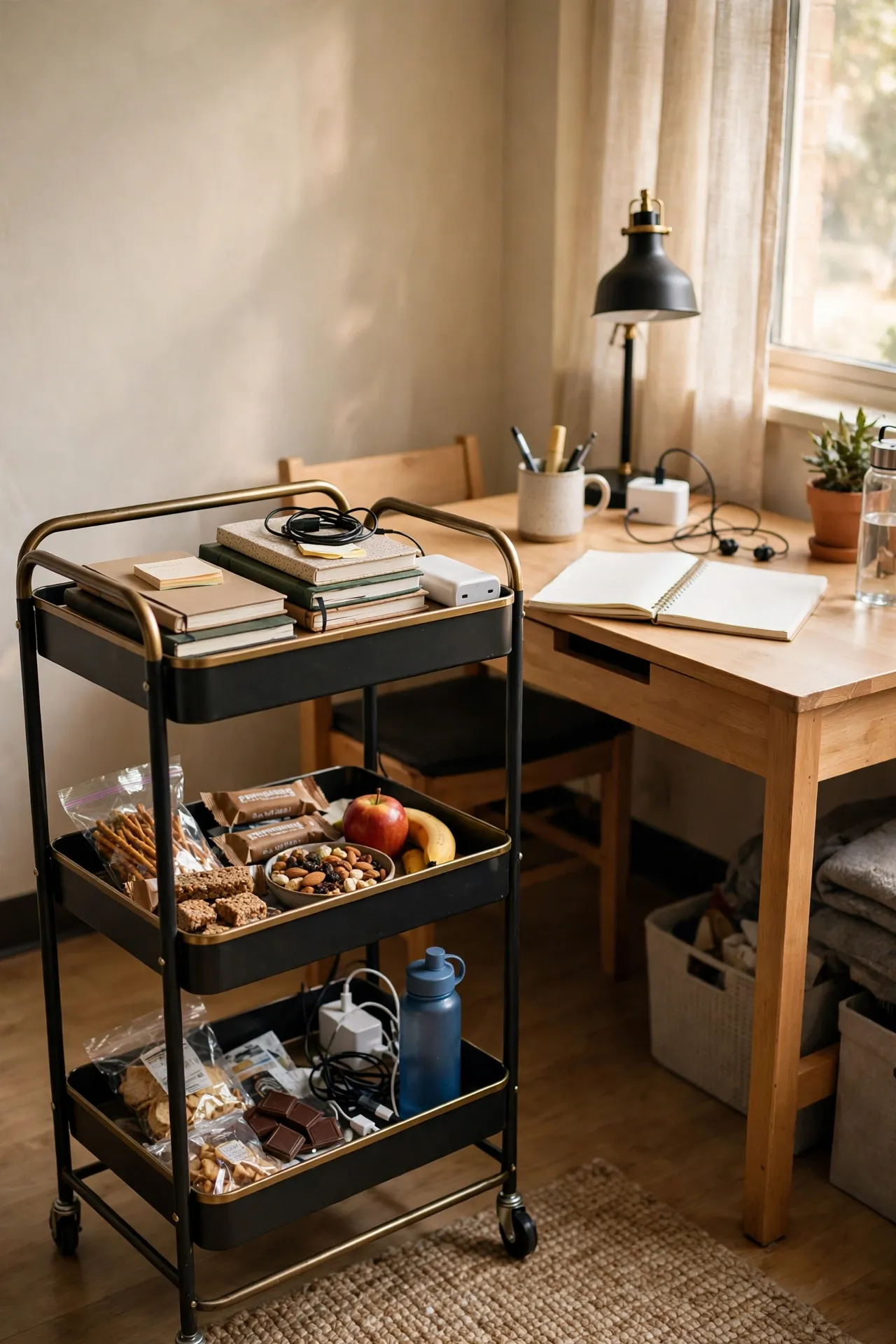 Three-tier rolling cart with notebooks and snacks beside a dorm desk