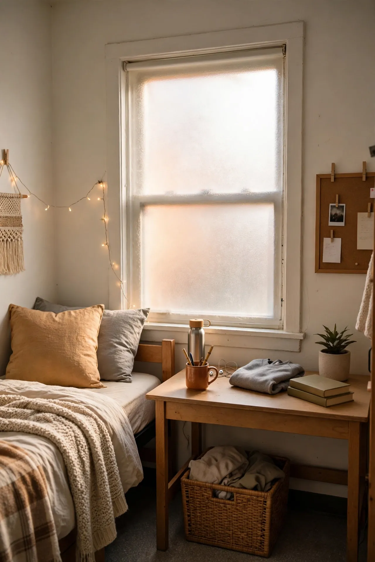 Dorm window covered in frosted privacy film with daylight coming through