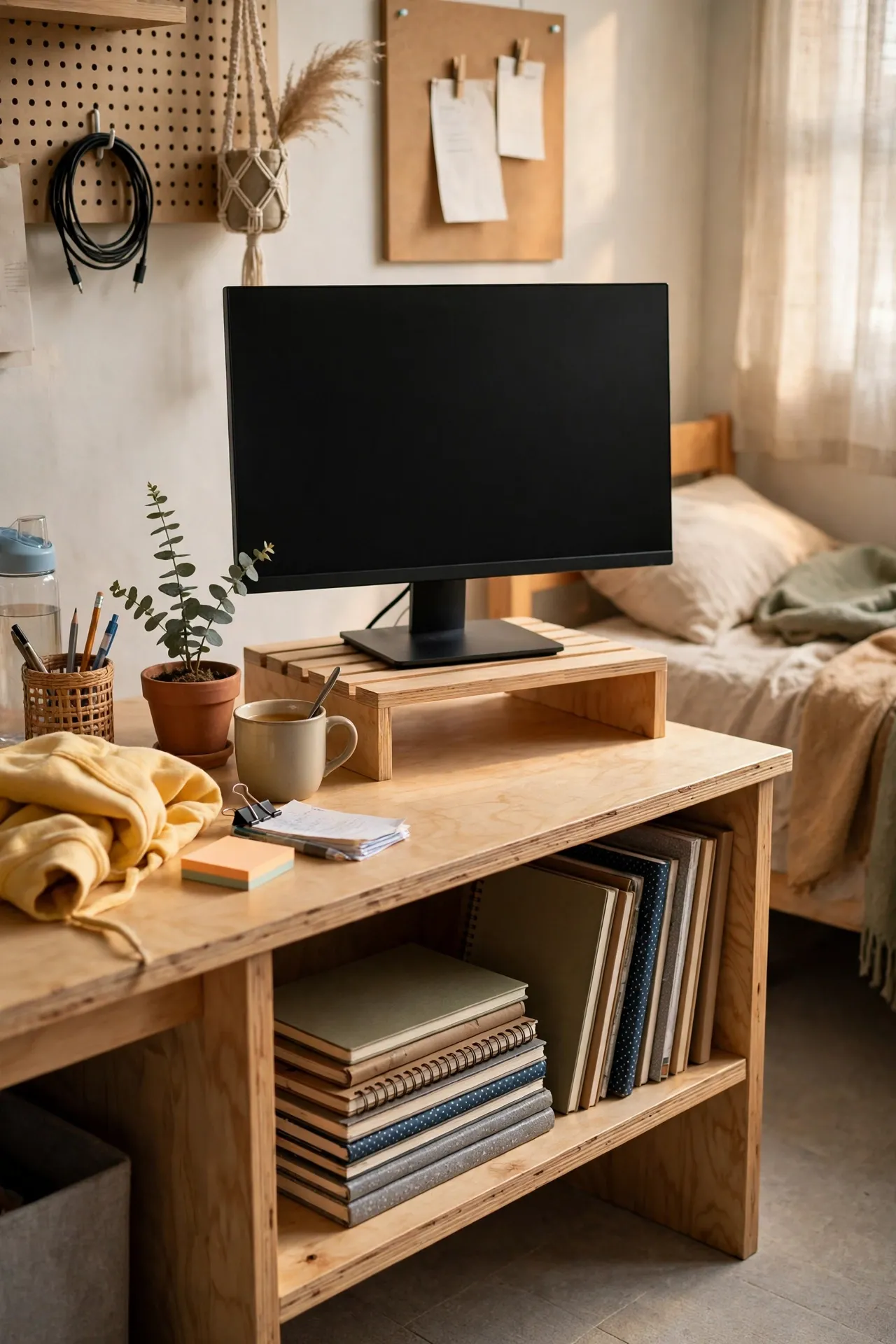 Dorm desk with a monitor on a wooden riser and notebooks underneath