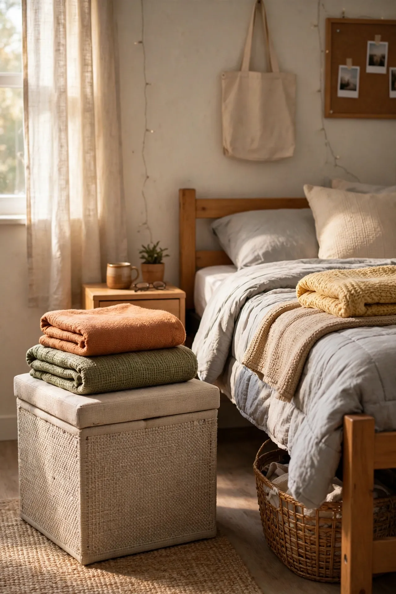 Fabric storage ottoman with lid beside a dorm bed holding blankets