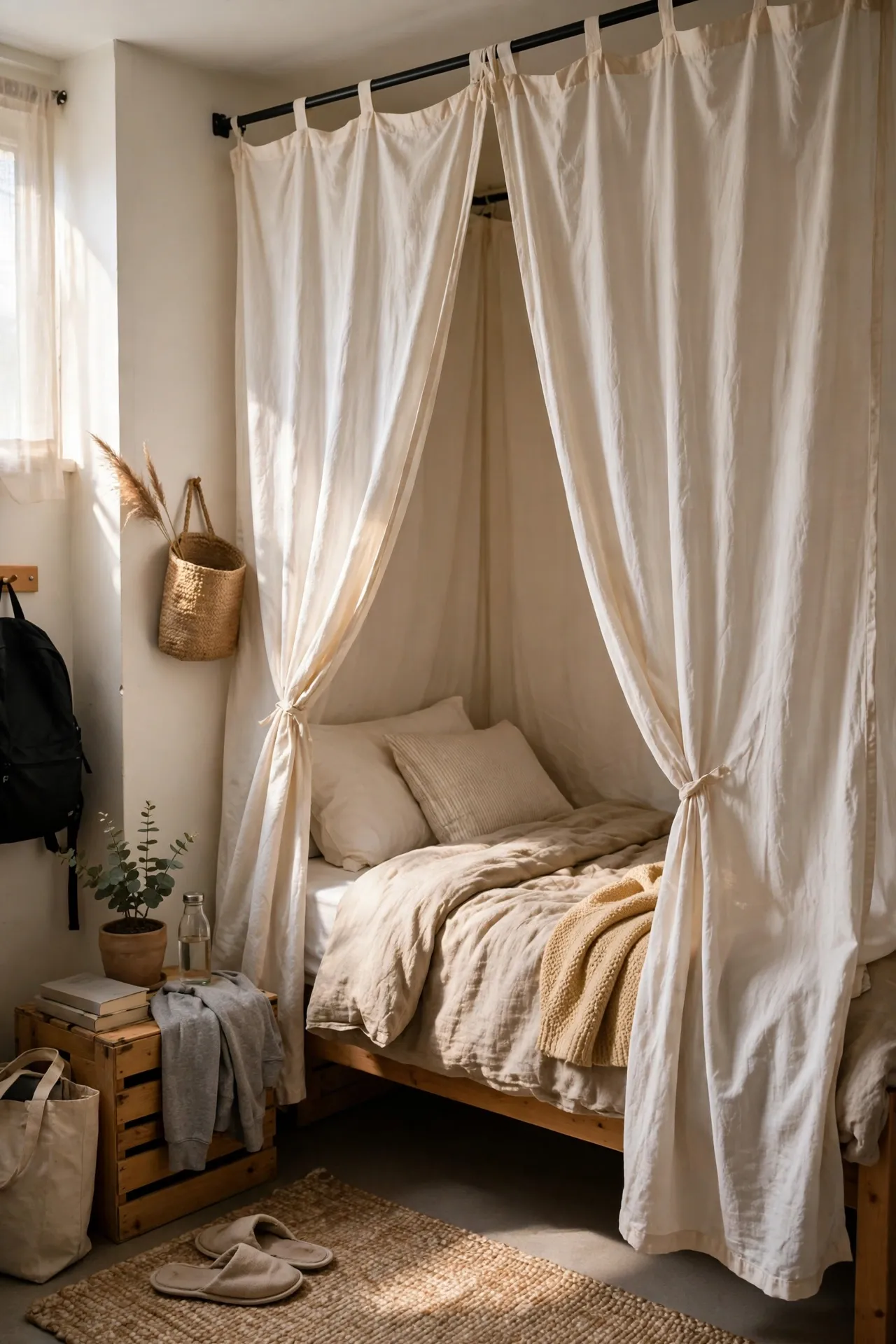 Dorm bed nook enclosed by a light cotton curtain for privacy