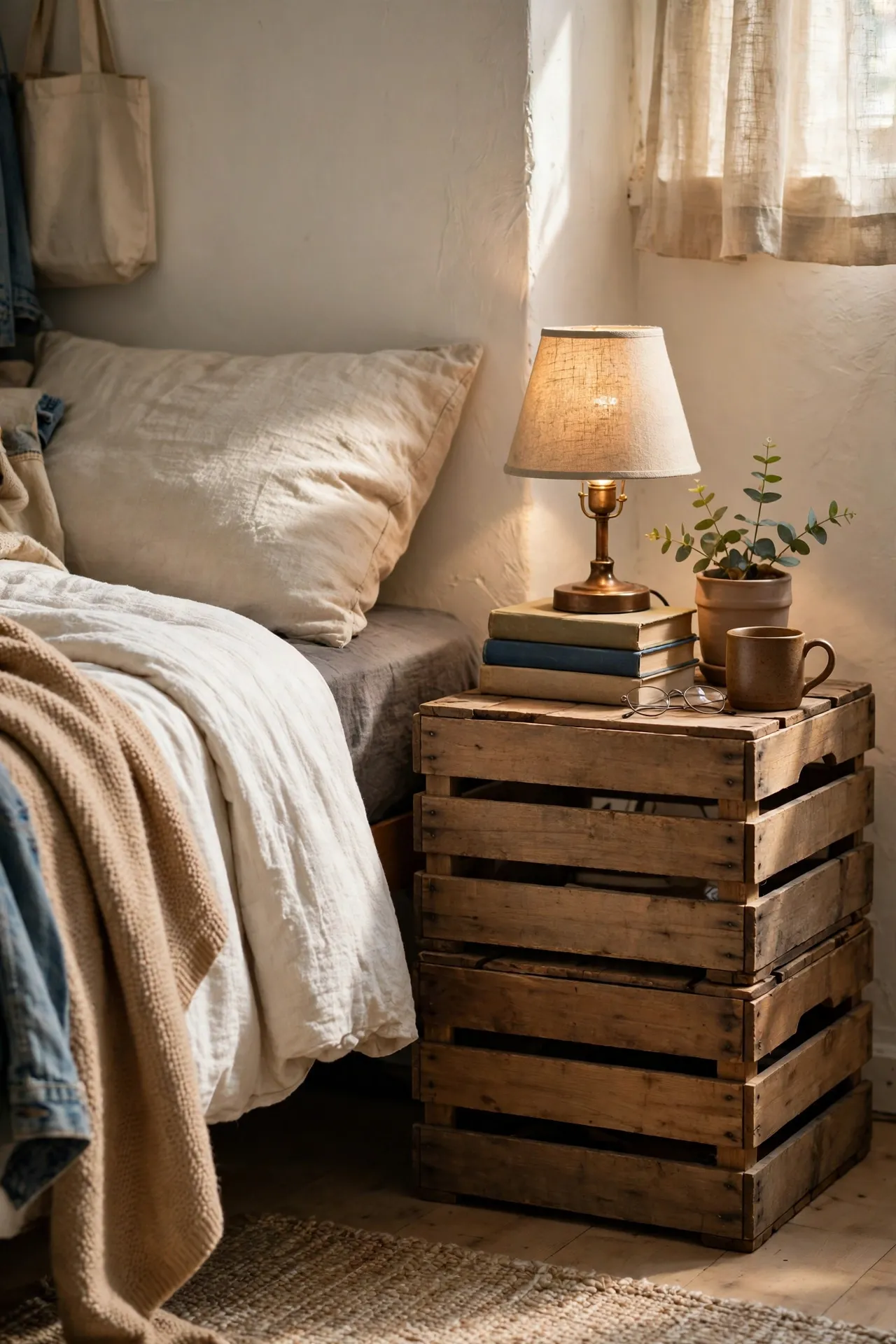Stacked wooden crates beside a dorm bed used as a nightstand with books
