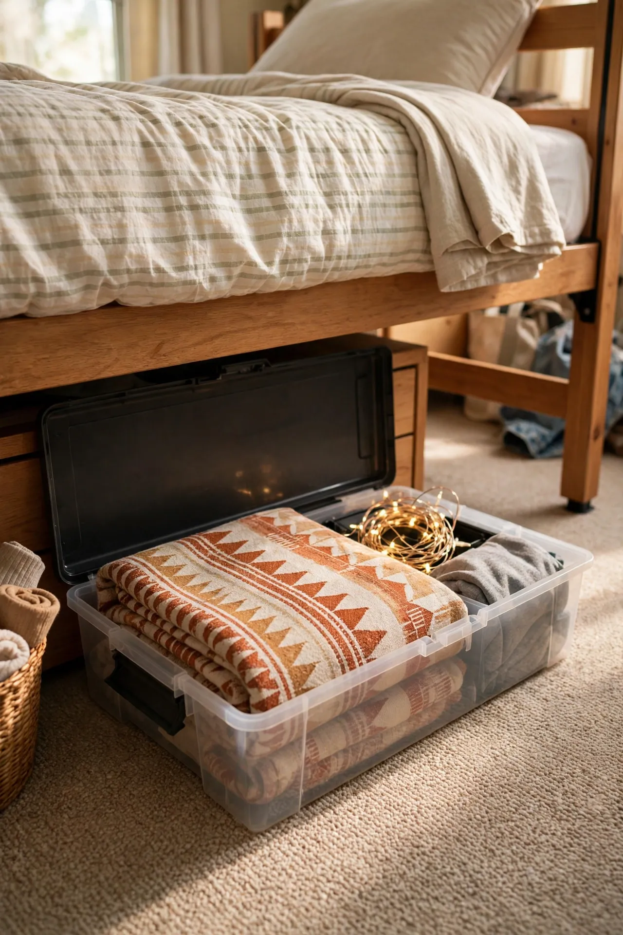 Open storage box under a dorm bed holding a folded throw prints and string lights