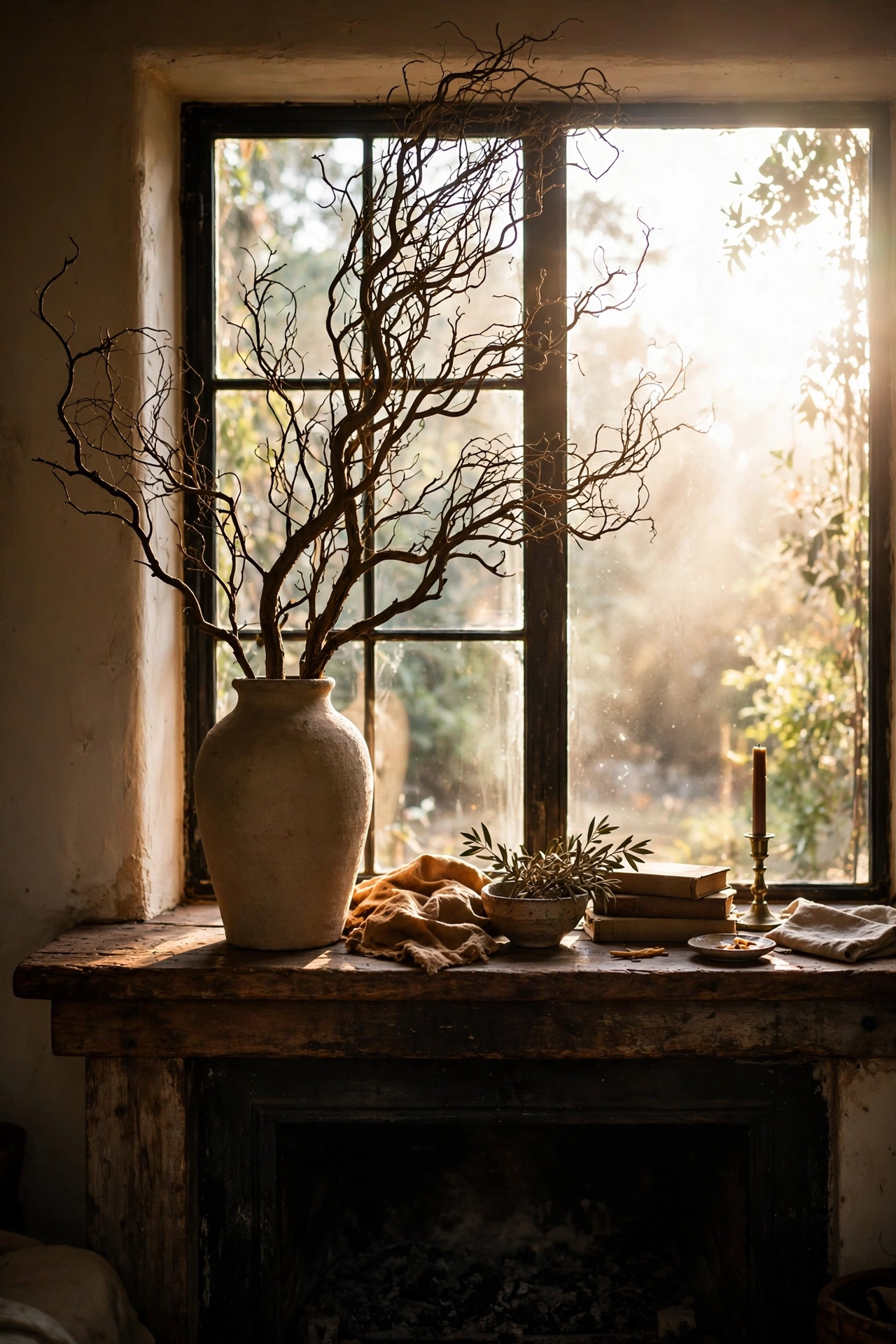 Tall foraged branch in a floor vase styled off-center on a fireplace mantel