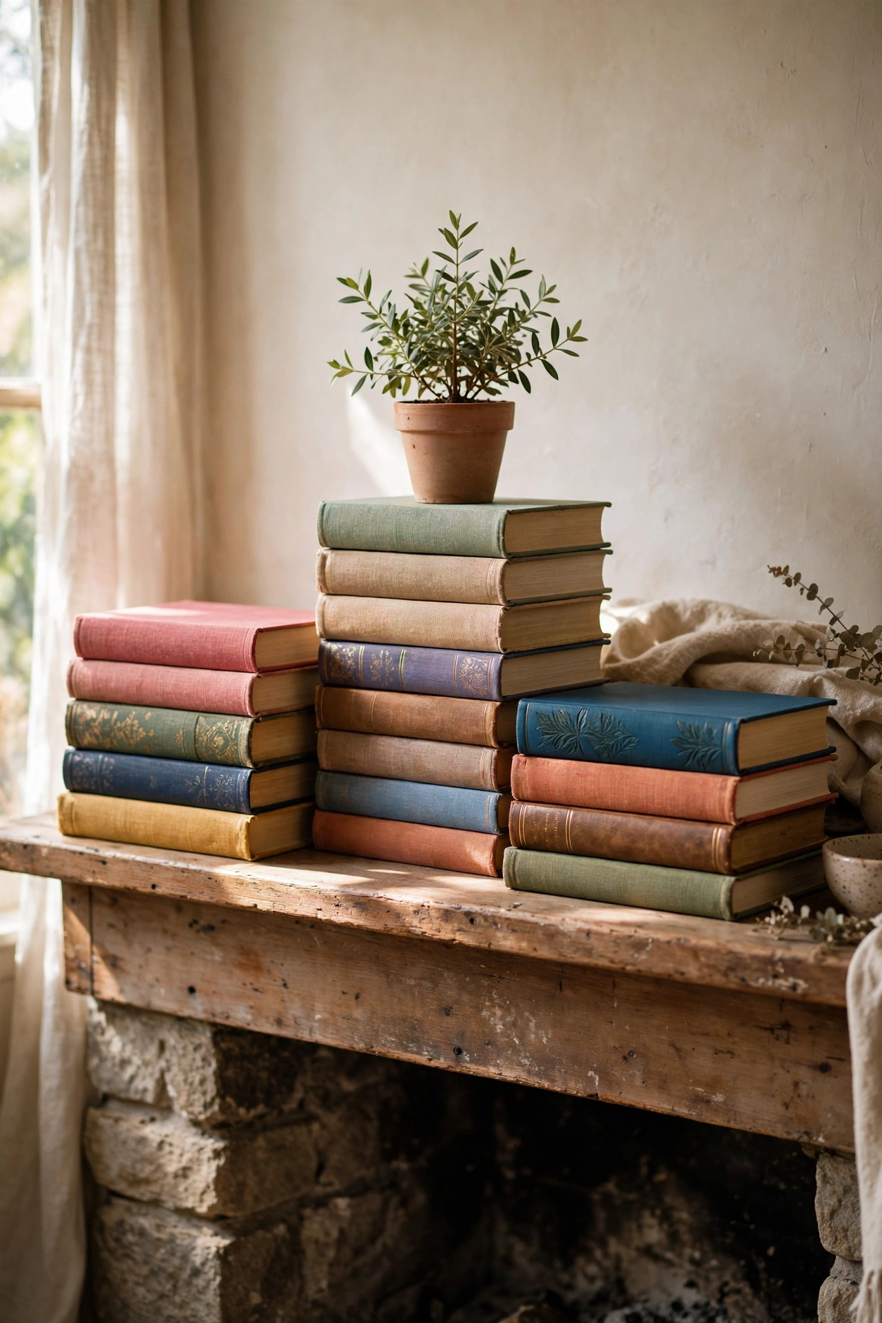 Stacked hardcover books used as pedestals on a fireplace mantel
