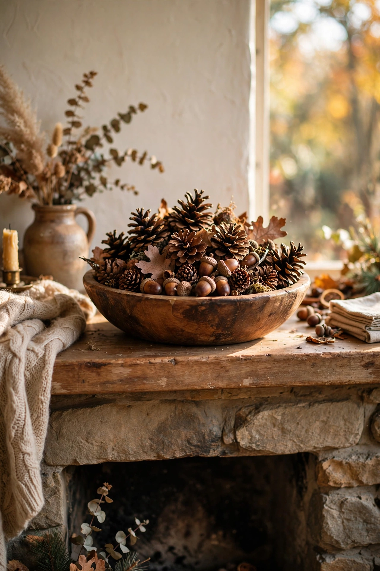 Wooden bowl of baked pinecones styled on a fireplace mantel