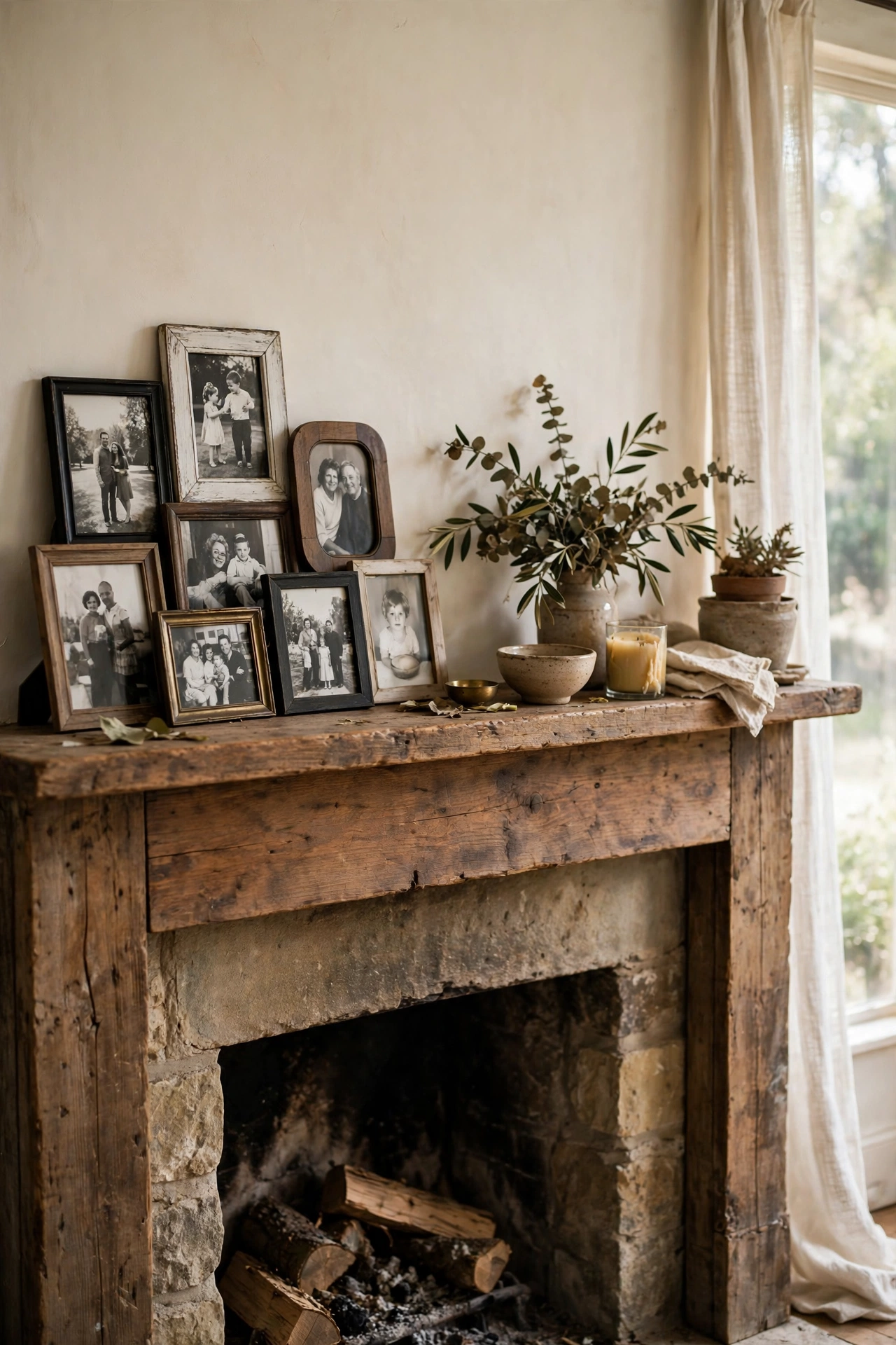 Black-and-white family photos in existing frames clustered on a mantel