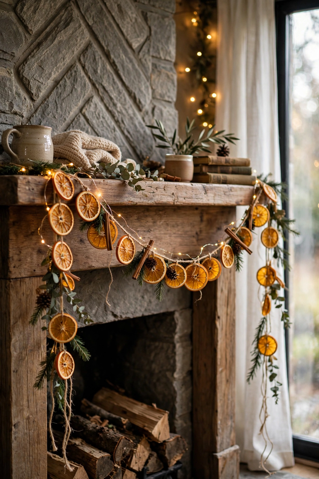 Dried orange slice garland strung on twine swagged across a mantel