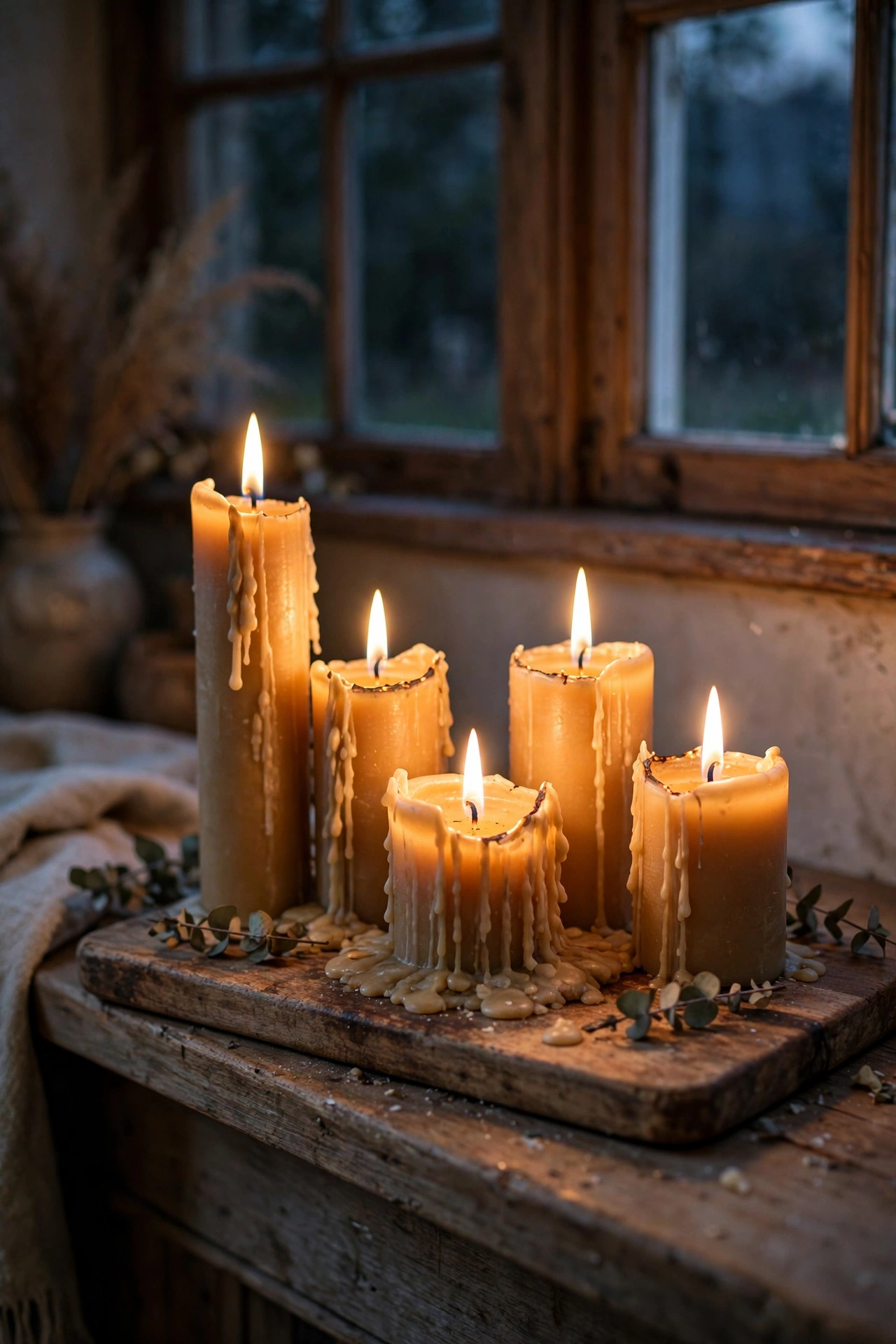 Cluster of half-burned candles at varied heights on a wooden board on a mantel
