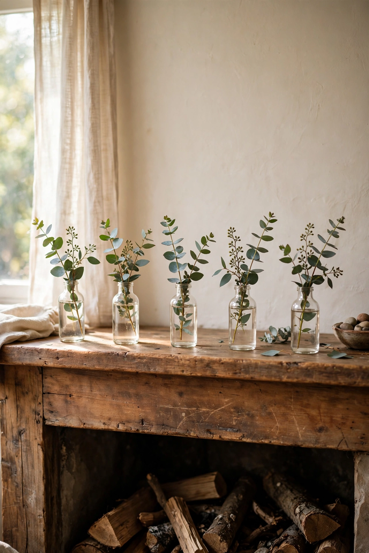 Small glass bottles with eucalyptus sprigs lined along a fireplace mantel