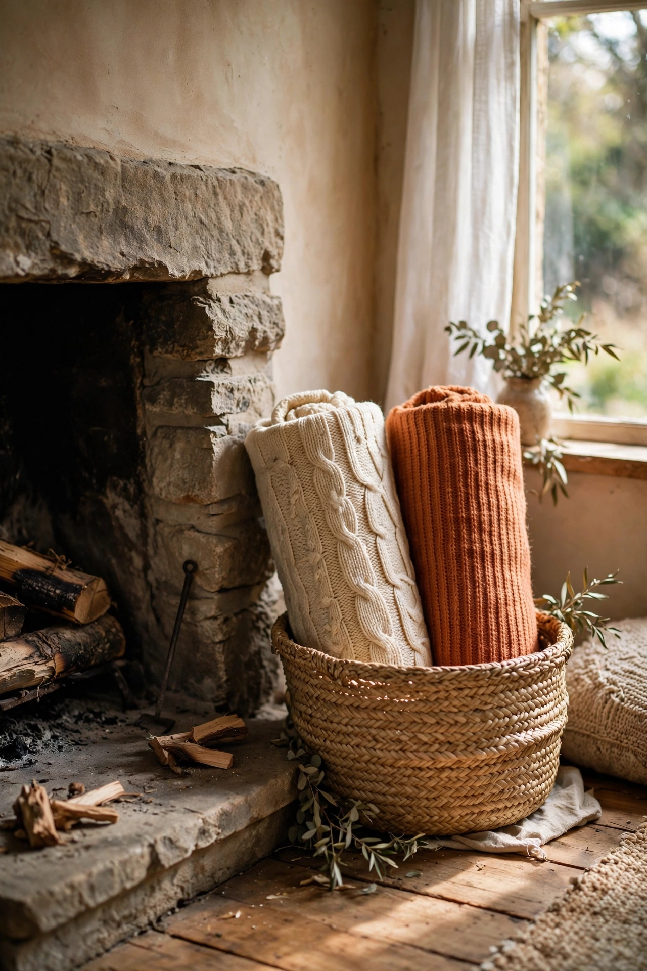 Seagrass basket with rolled throws styled beside a fireplace hearth