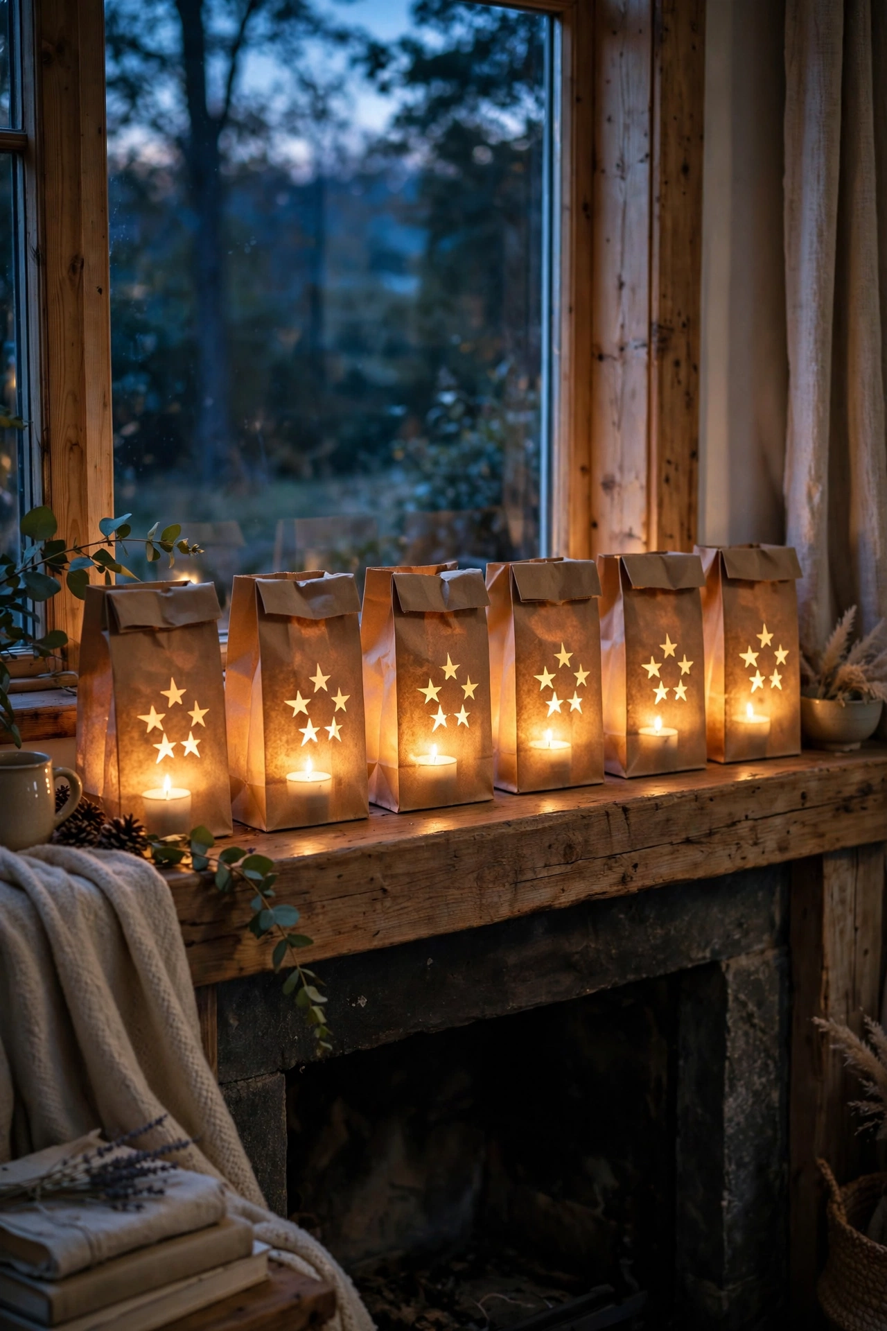 Brown paper bag luminaries with star cutouts glowing on a fireplace mantel