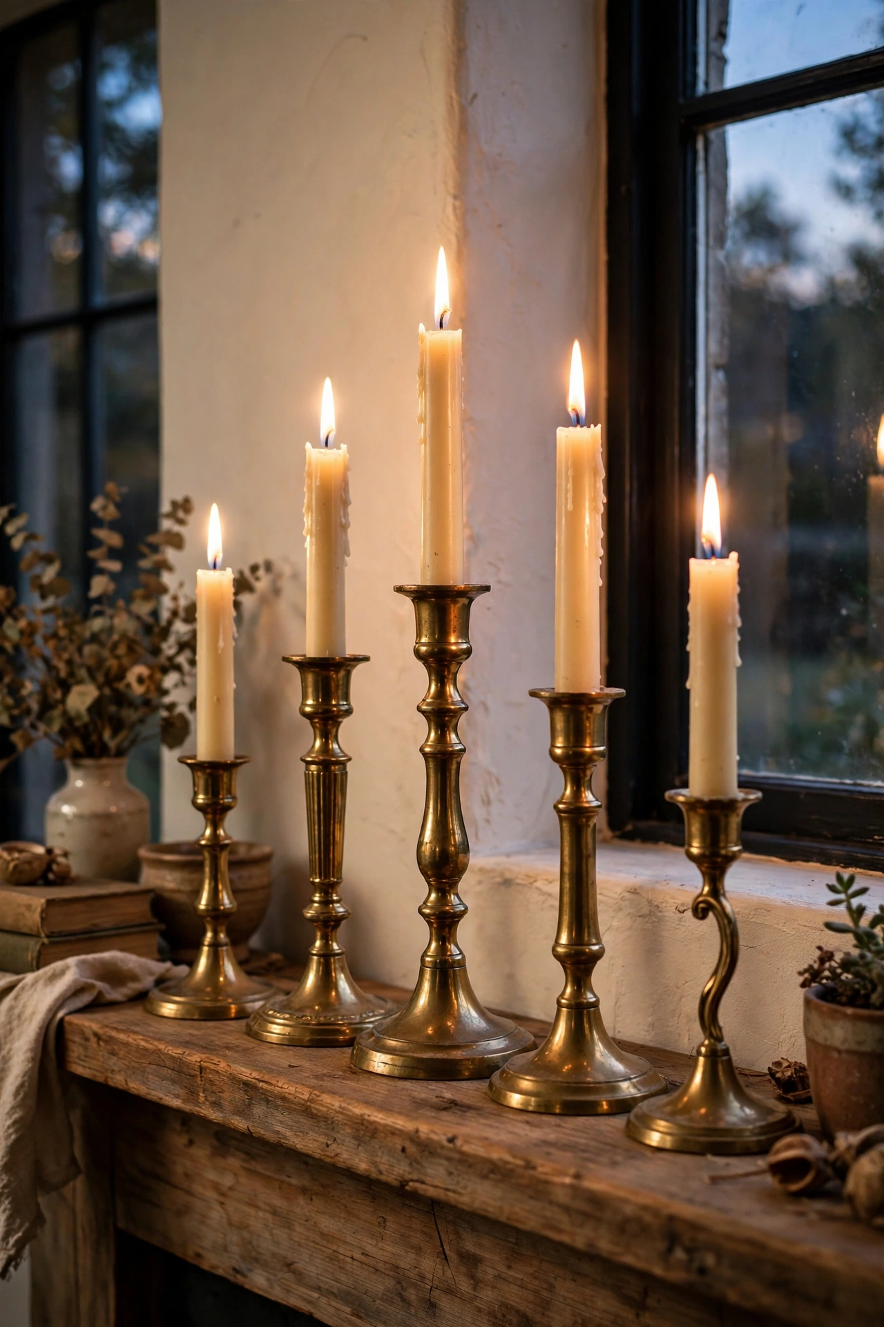 Row of thrifted brass candlesticks with cream tapers along a mantel