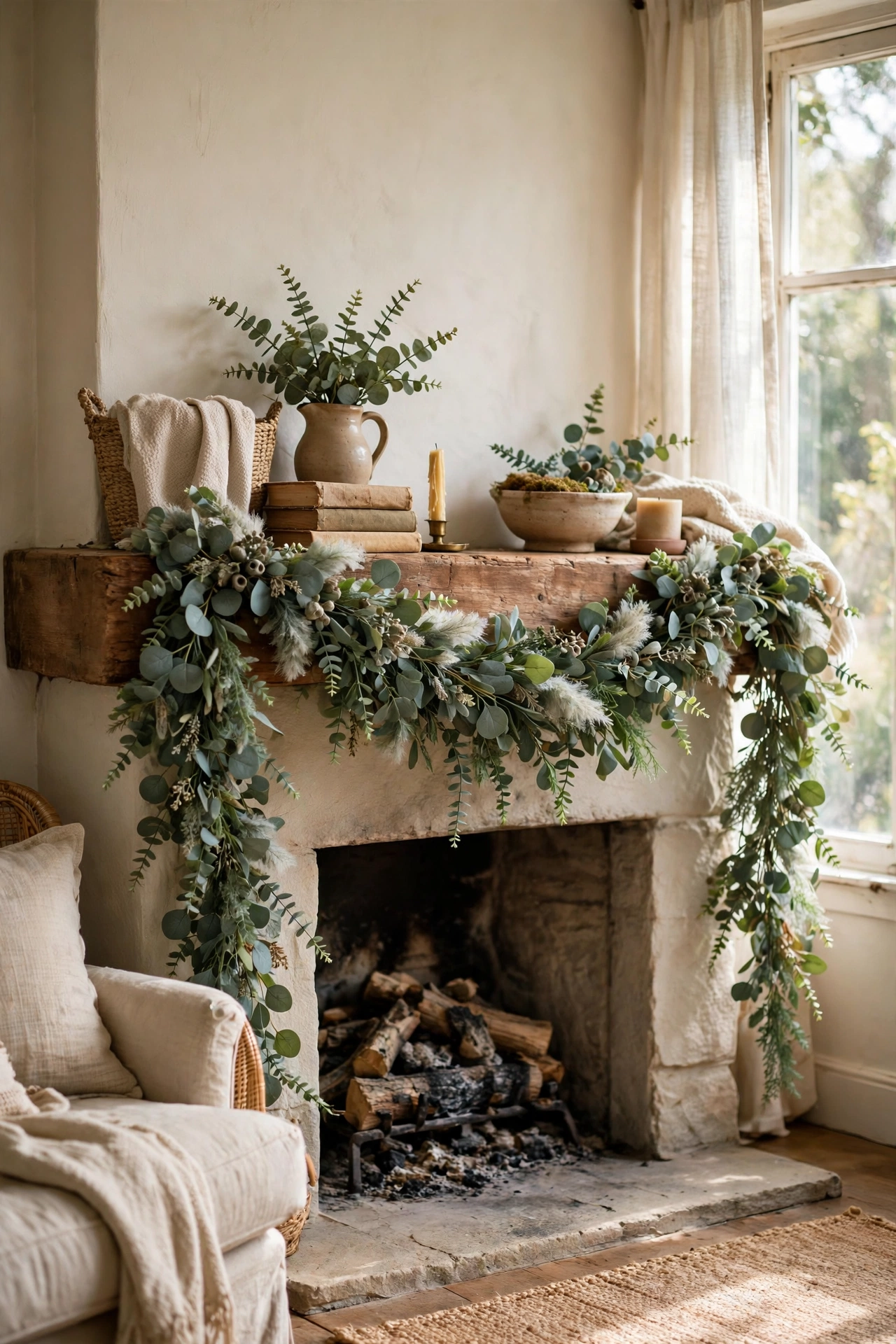 Faux eucalyptus garland swagged loosely across a fireplace mantel