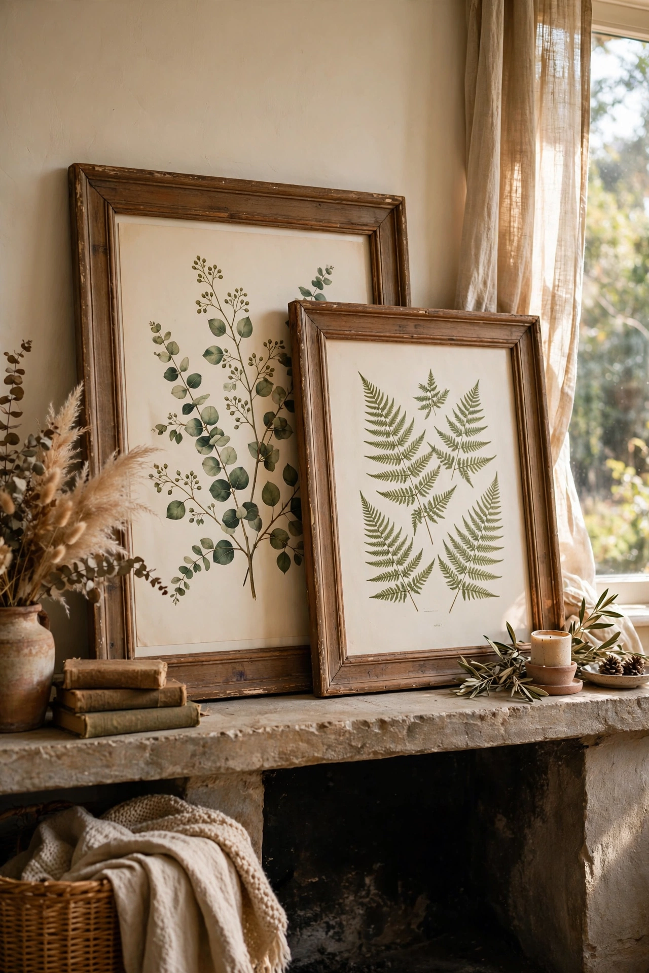 Two large thrifted frames with printable botanical art layered on a mantel