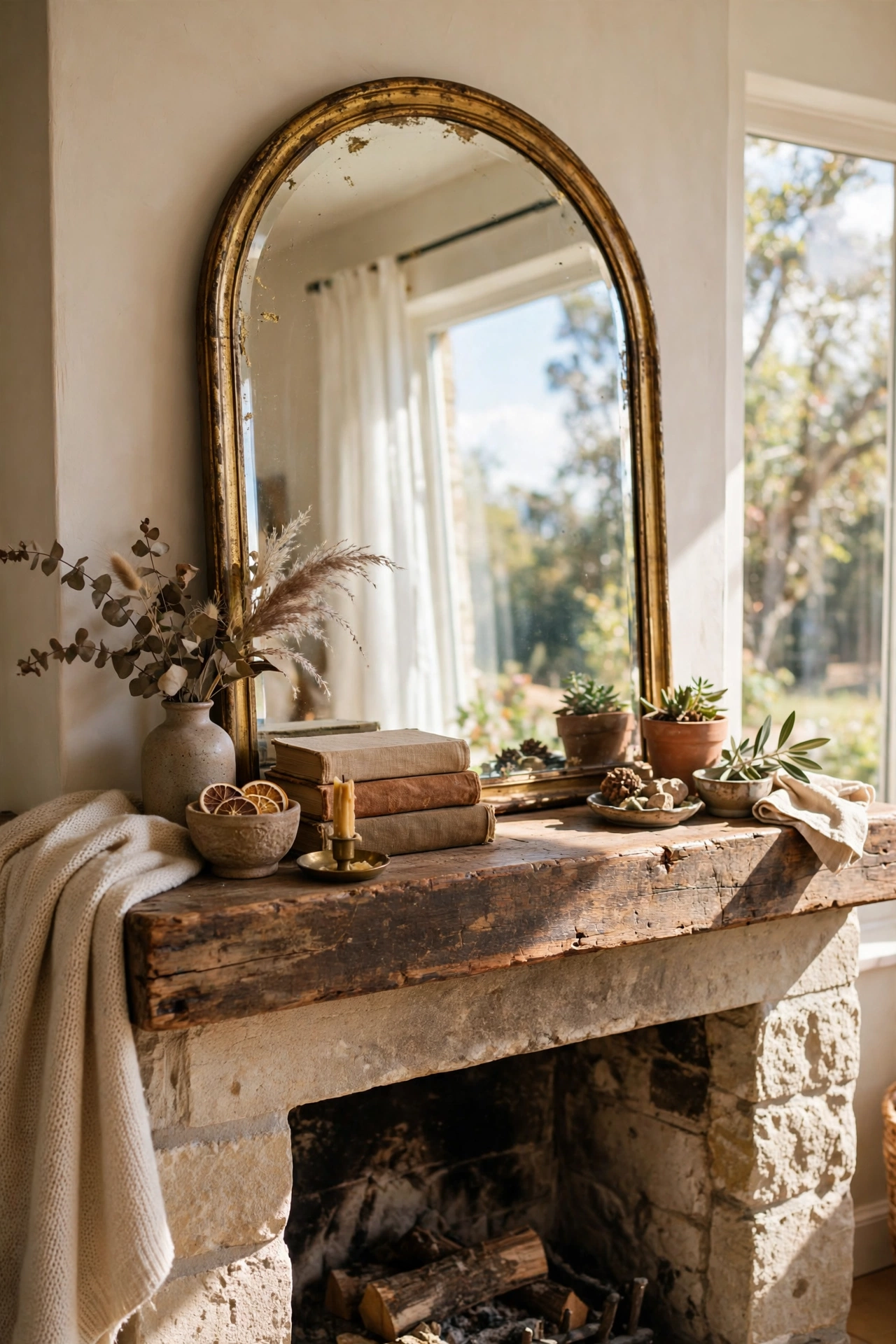 Thrifted arched mirror leaned on a mantel reflecting living room light