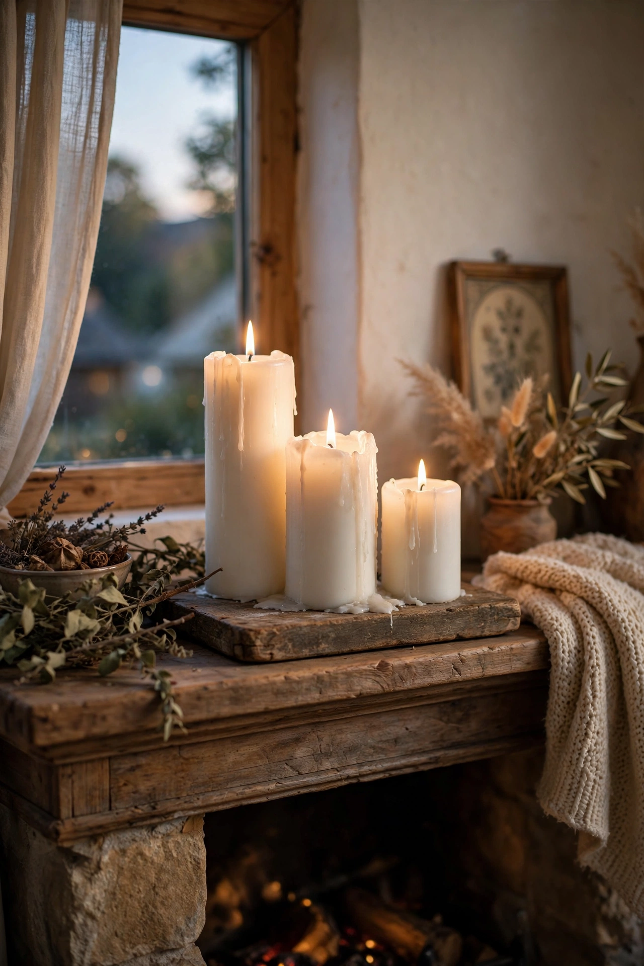 Three white pillar candles at varied heights on a tray on a mantel