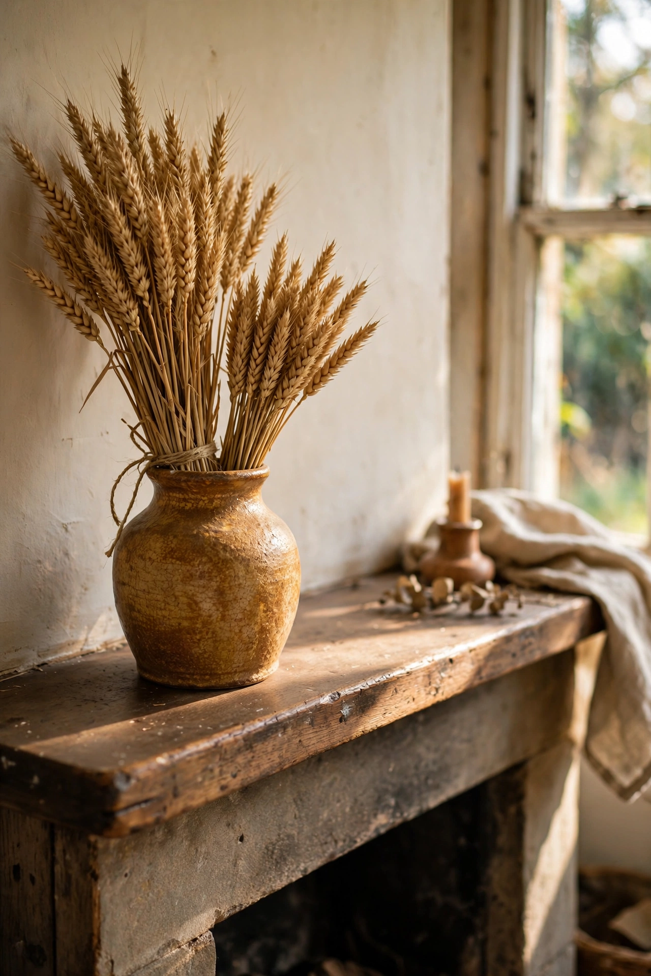 Dried wheat bundle at two heights in a thrifted vase on a mantel