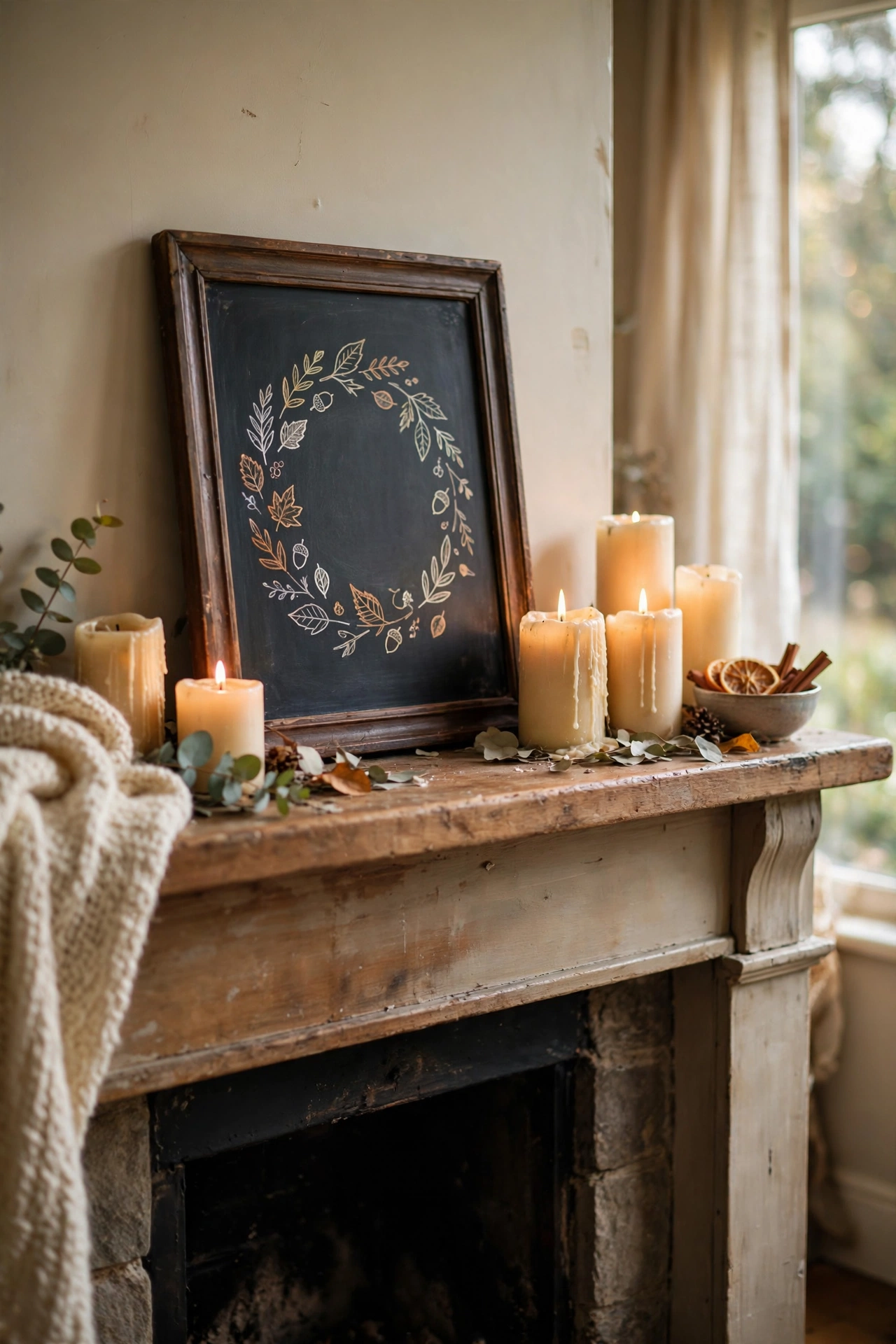 Small framed chalkboard with a seasonal message leaned on a mantel