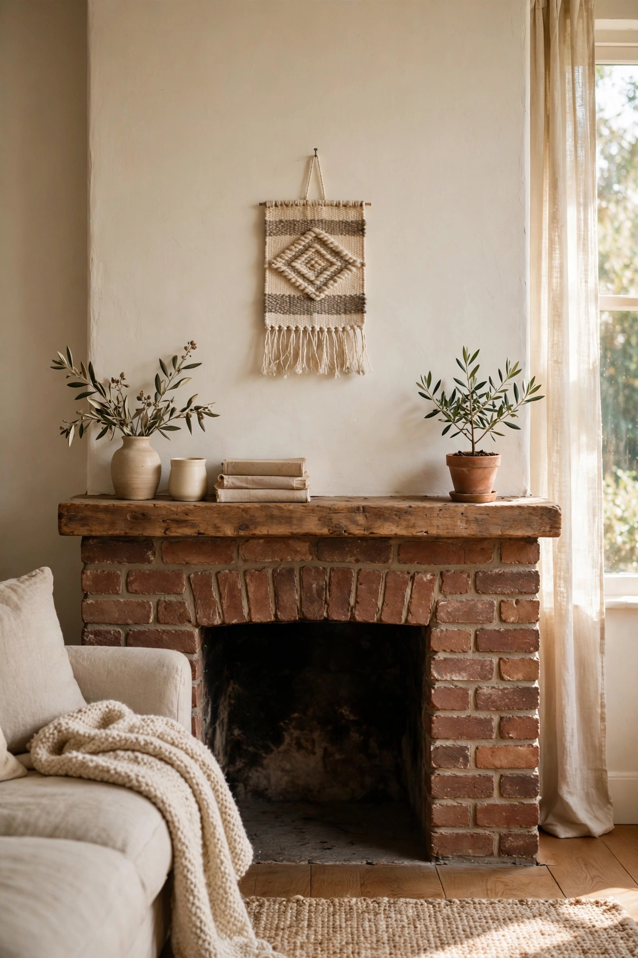 Small woven wall hanging centered above a fireplace mantel