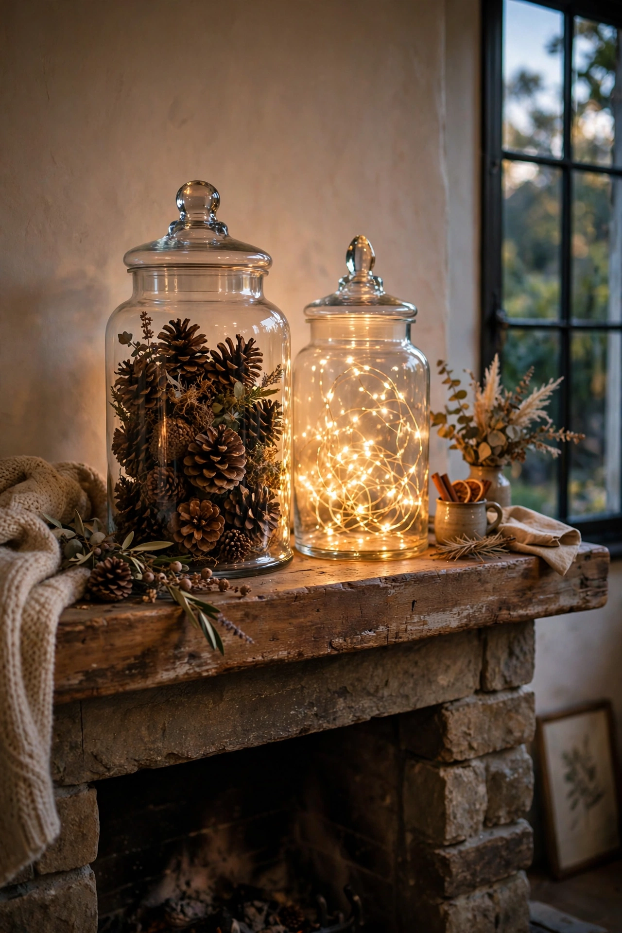 Glass apothecary jars with pinecones and fairy lights on a mantel