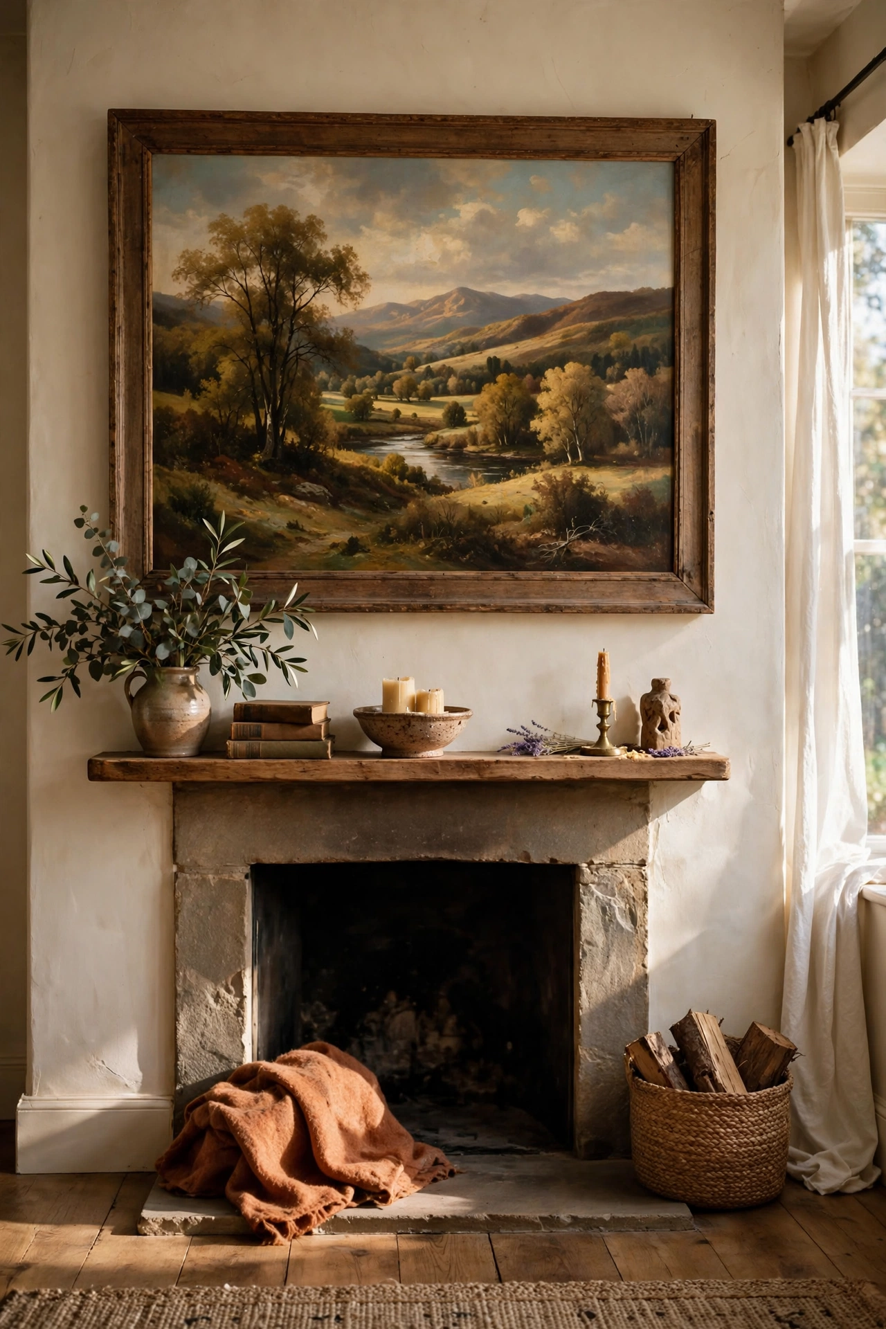 Oversized thrifted landscape painting centered above a fireplace mantel