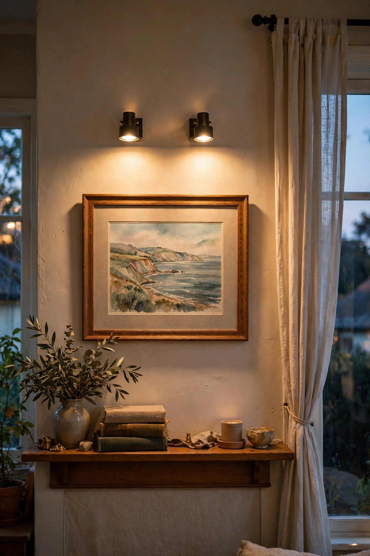 Battery-operated picture lights glowing above mantel art in the evening