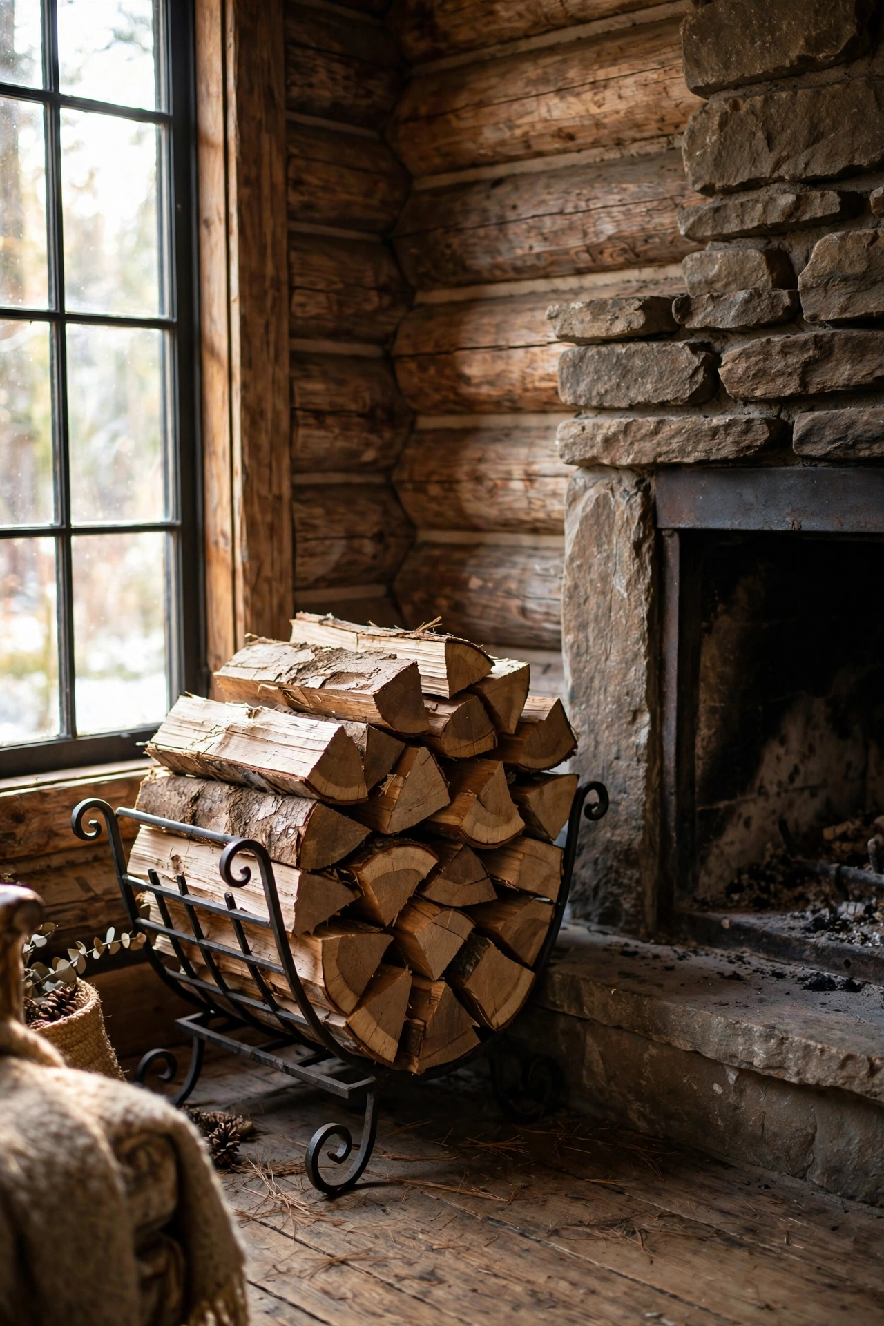 Neatly stacked firewood in a log holder styled beside a fireplace