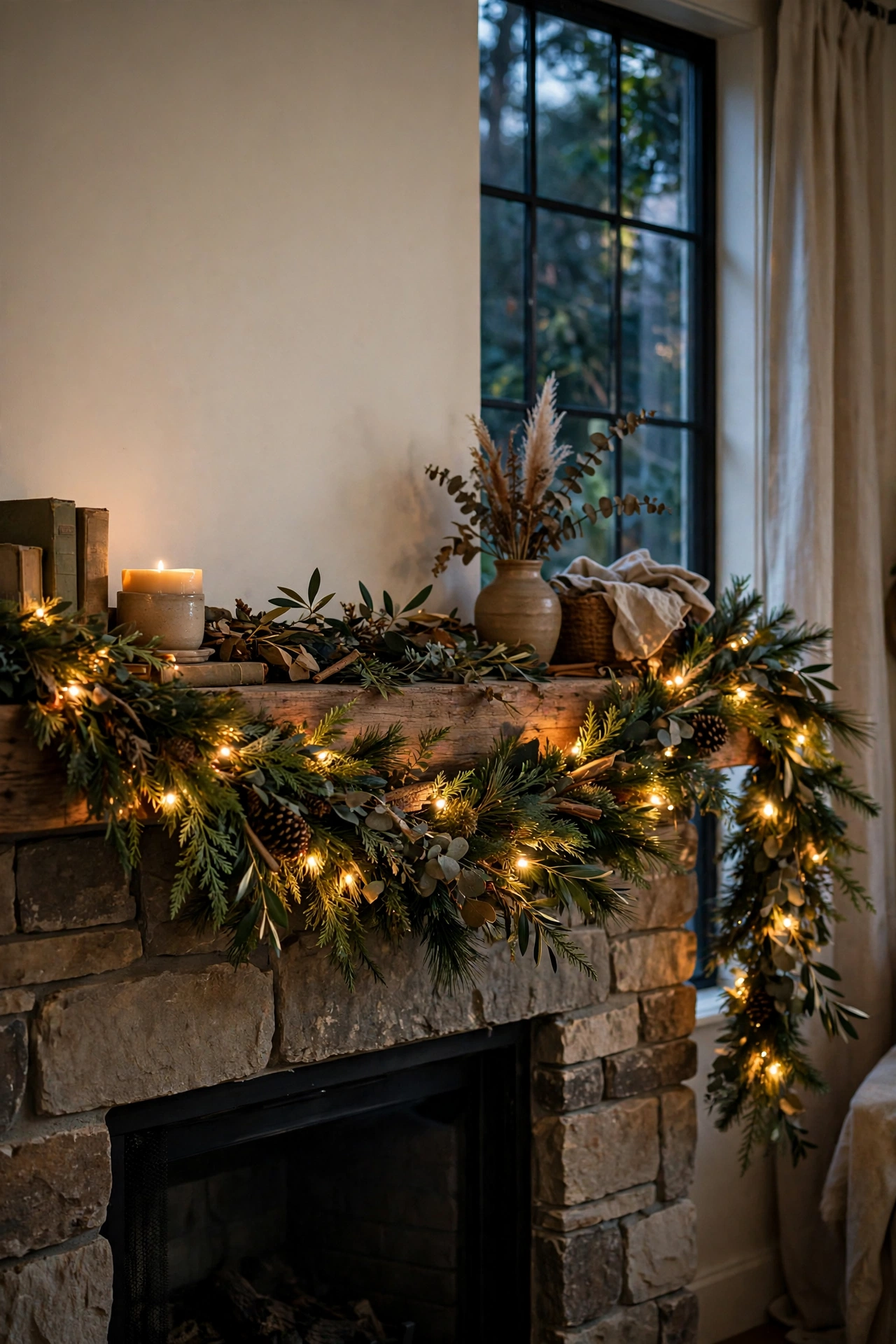 Lush faux garland woven with warm fairy lights across a holiday mantel