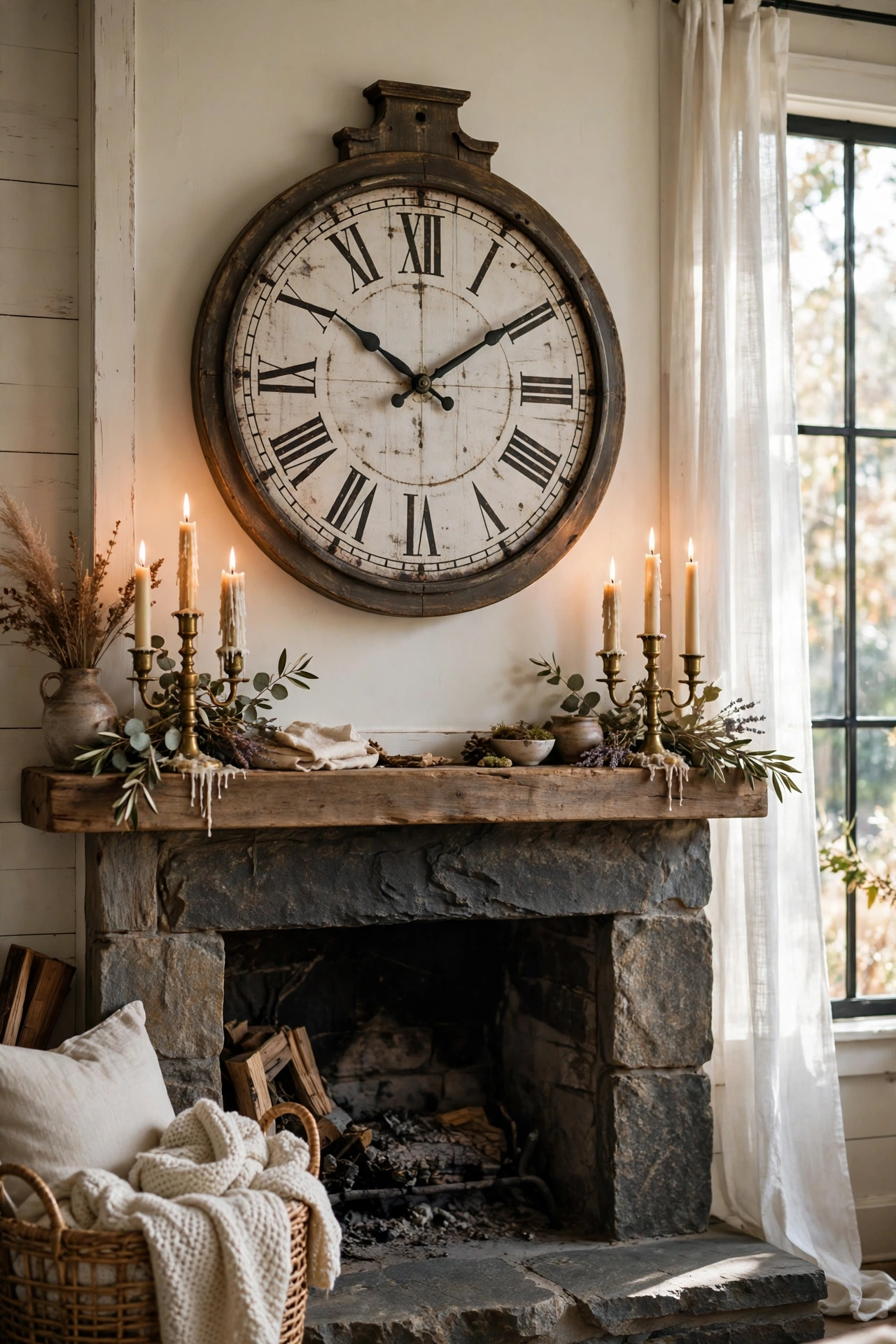 Large vintage-style farmhouse clock centered above a fireplace mantel