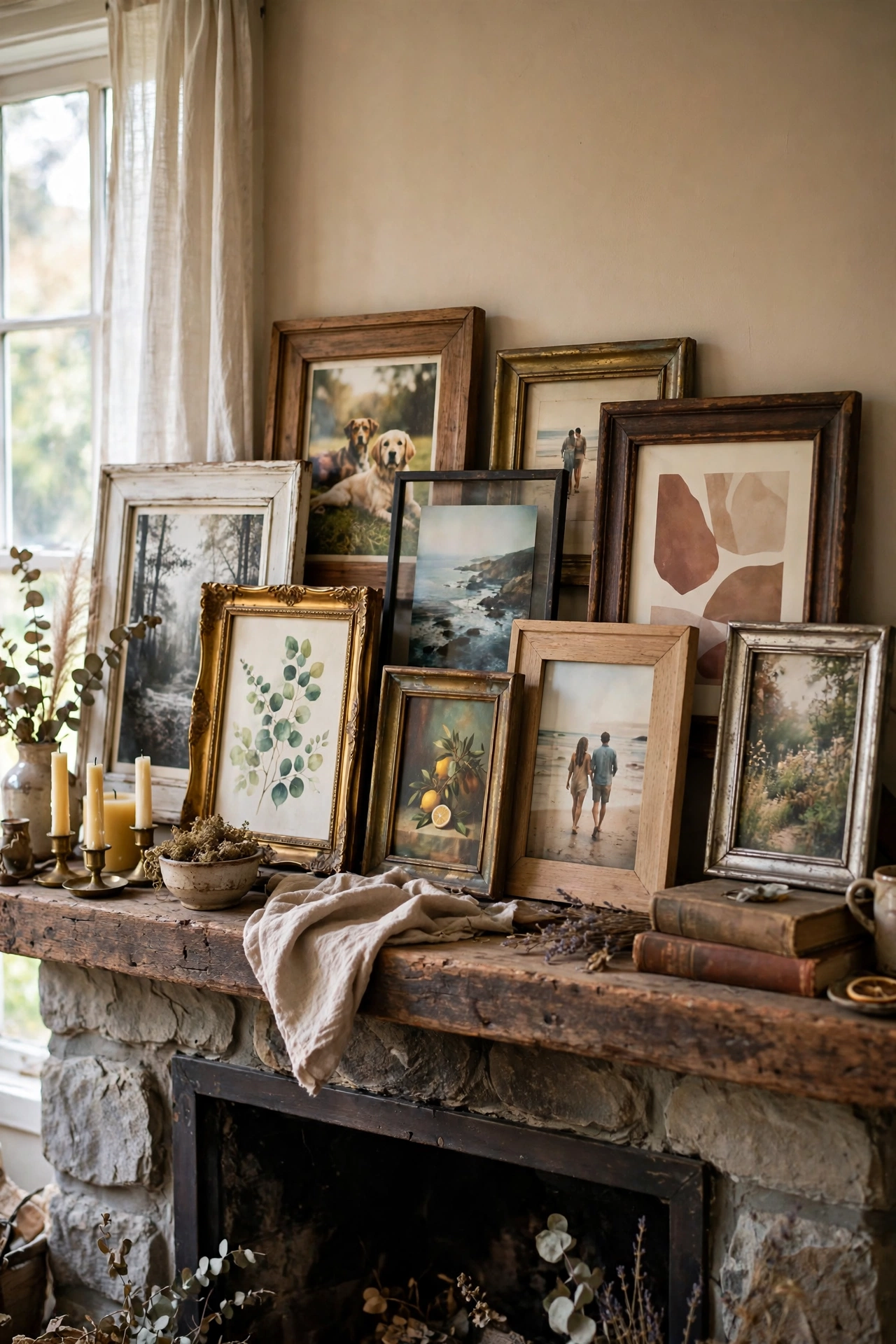 Layered collection of thrifted mixed-finish frames overlapping on a mantel