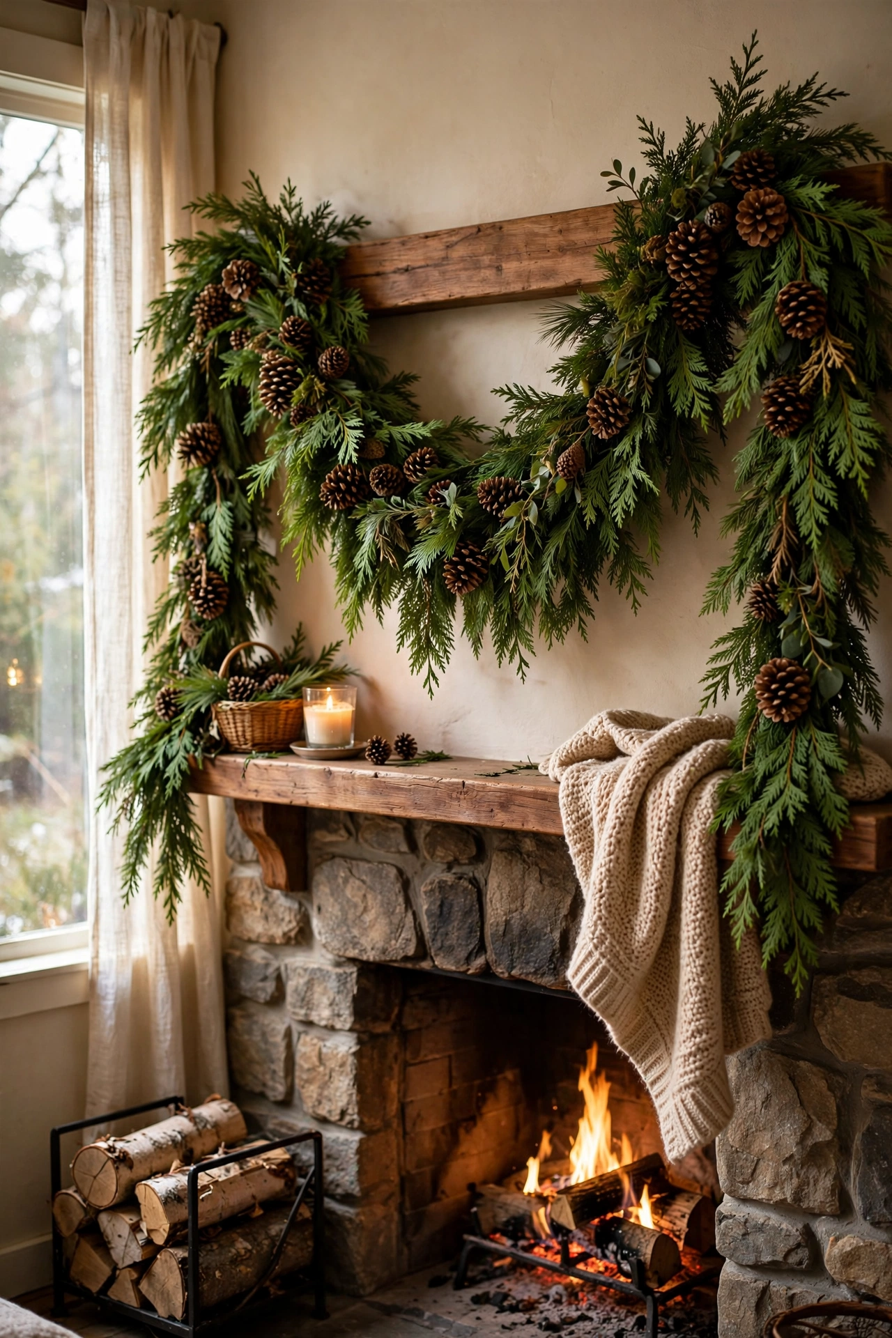 Fresh cedar garland in a deep swag with pinecones across a holiday mantel
