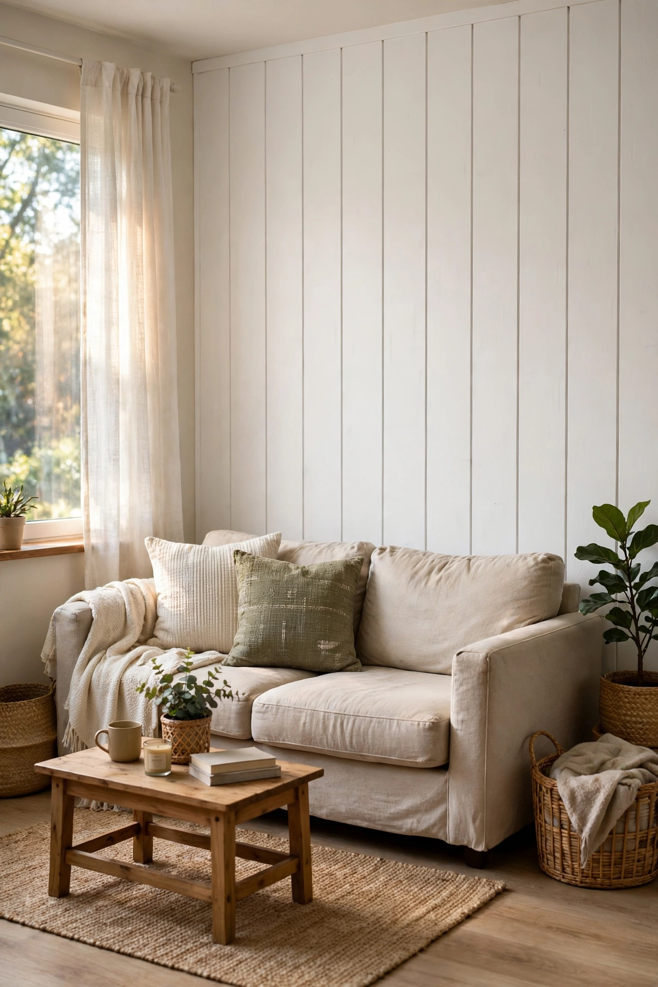 White peel and stick shiplap accent wall in a cosy rental living room