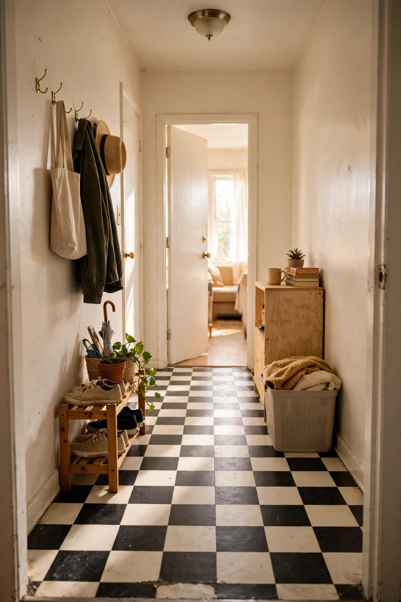 Checkerboard peel and stick floor tiles in a rental hallway