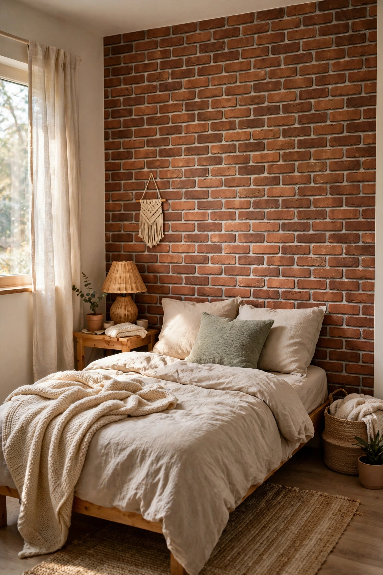Peel and stick brick accent wall behind a bed in a small bedroom