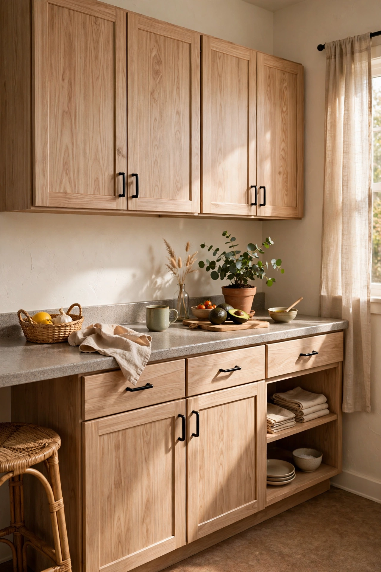 Kitchen cabinets wrapped in light wood grain peel and stick vinyl