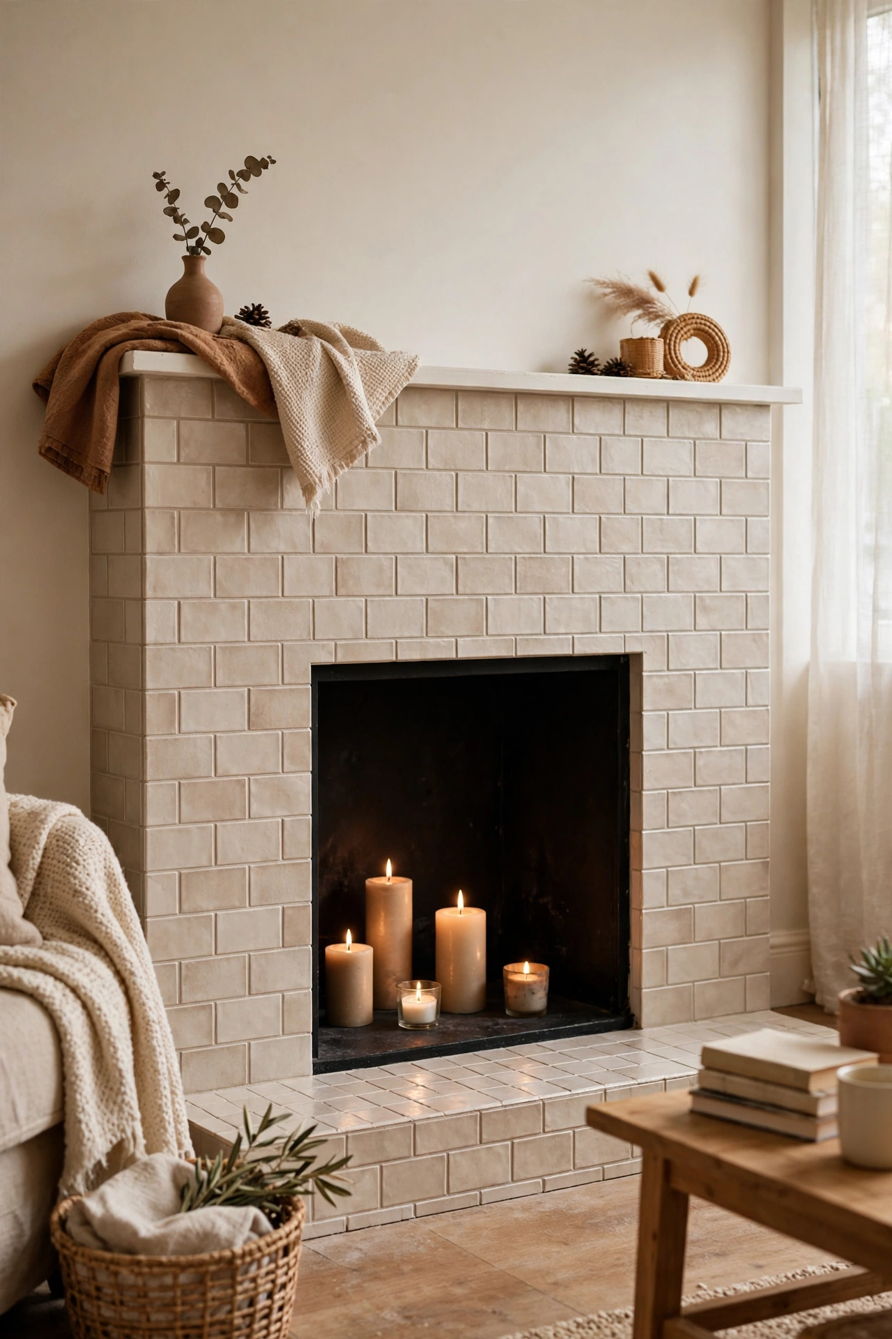 Rental fireplace surround covered in peel and stick tiles with candles