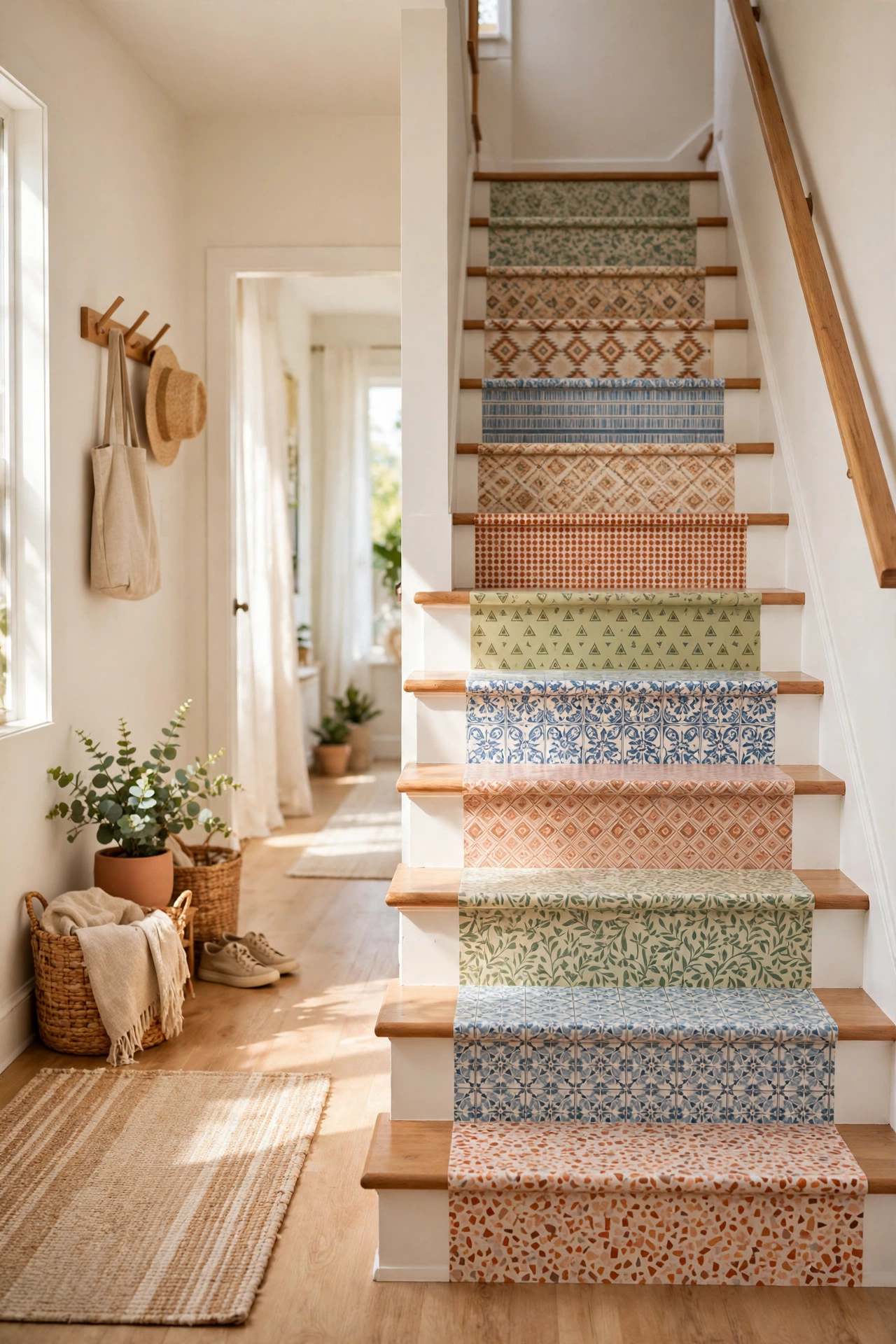 Staircase risers decorated with patterned peel and stick strips