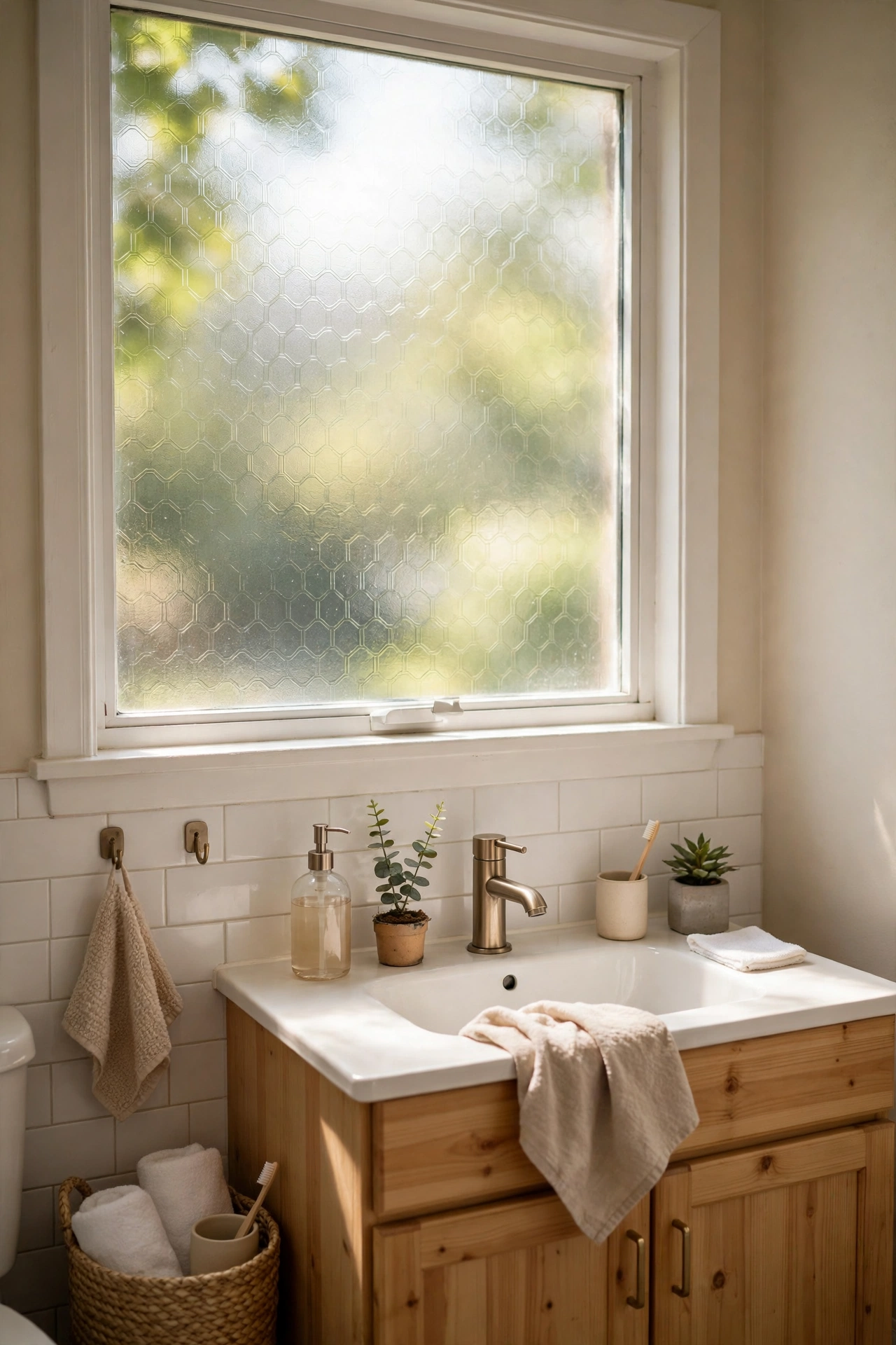 Frosted peel and stick window film on a rental bathroom window