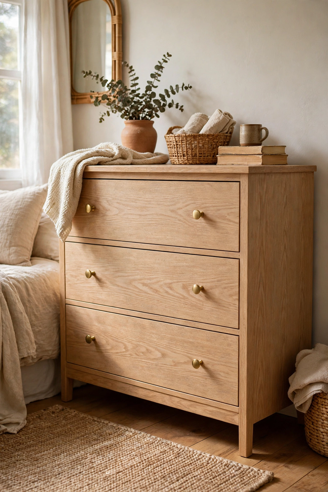 Thrifted dresser wrapped in pale oak peel and stick vinyl with new knobs