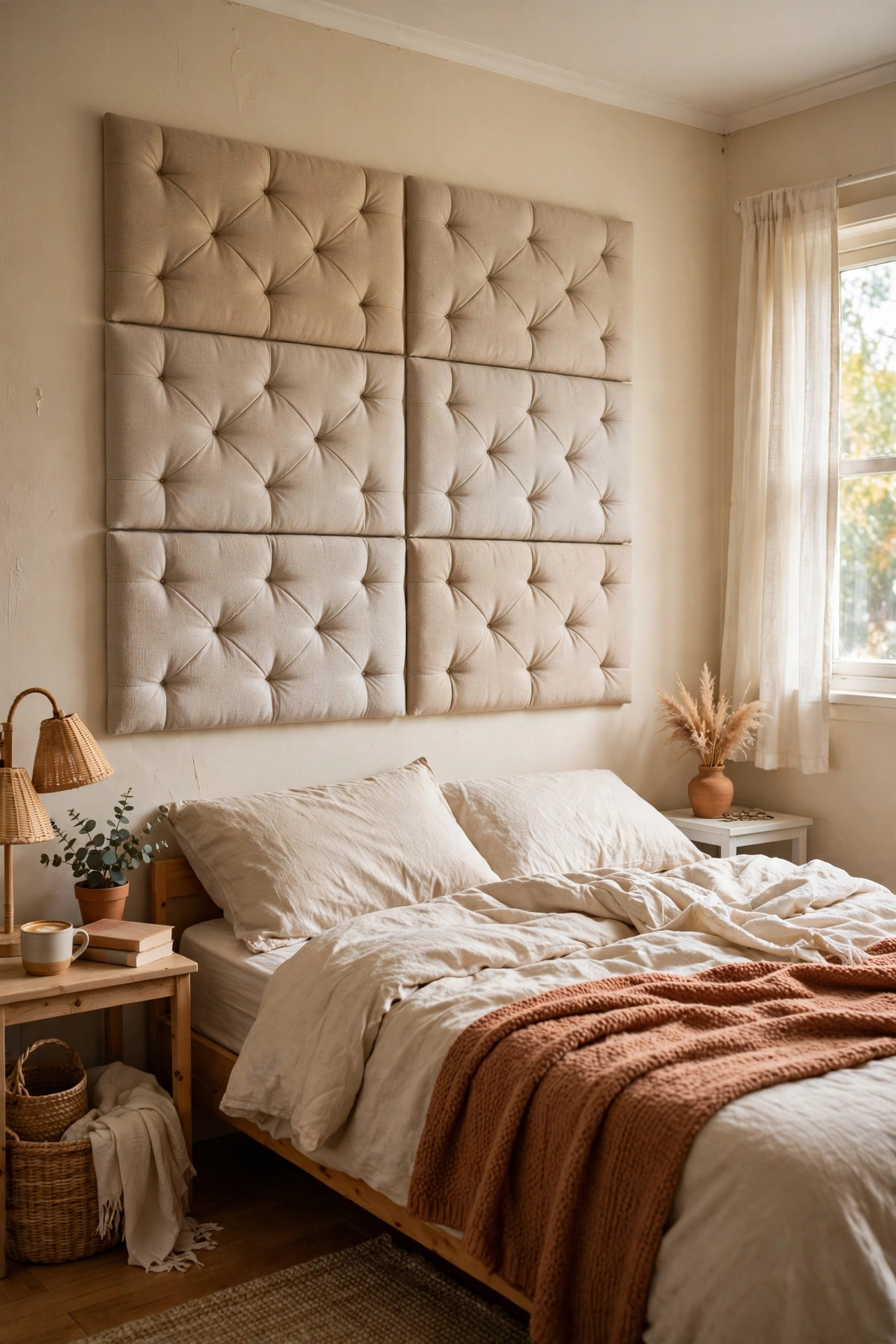 Padded peel and stick headboard panels on a rental bedroom wall