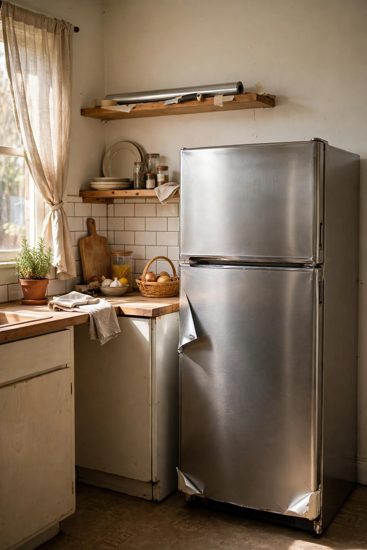 Old fridge wrapped in stainless-look peel and stick vinyl in a kitchen