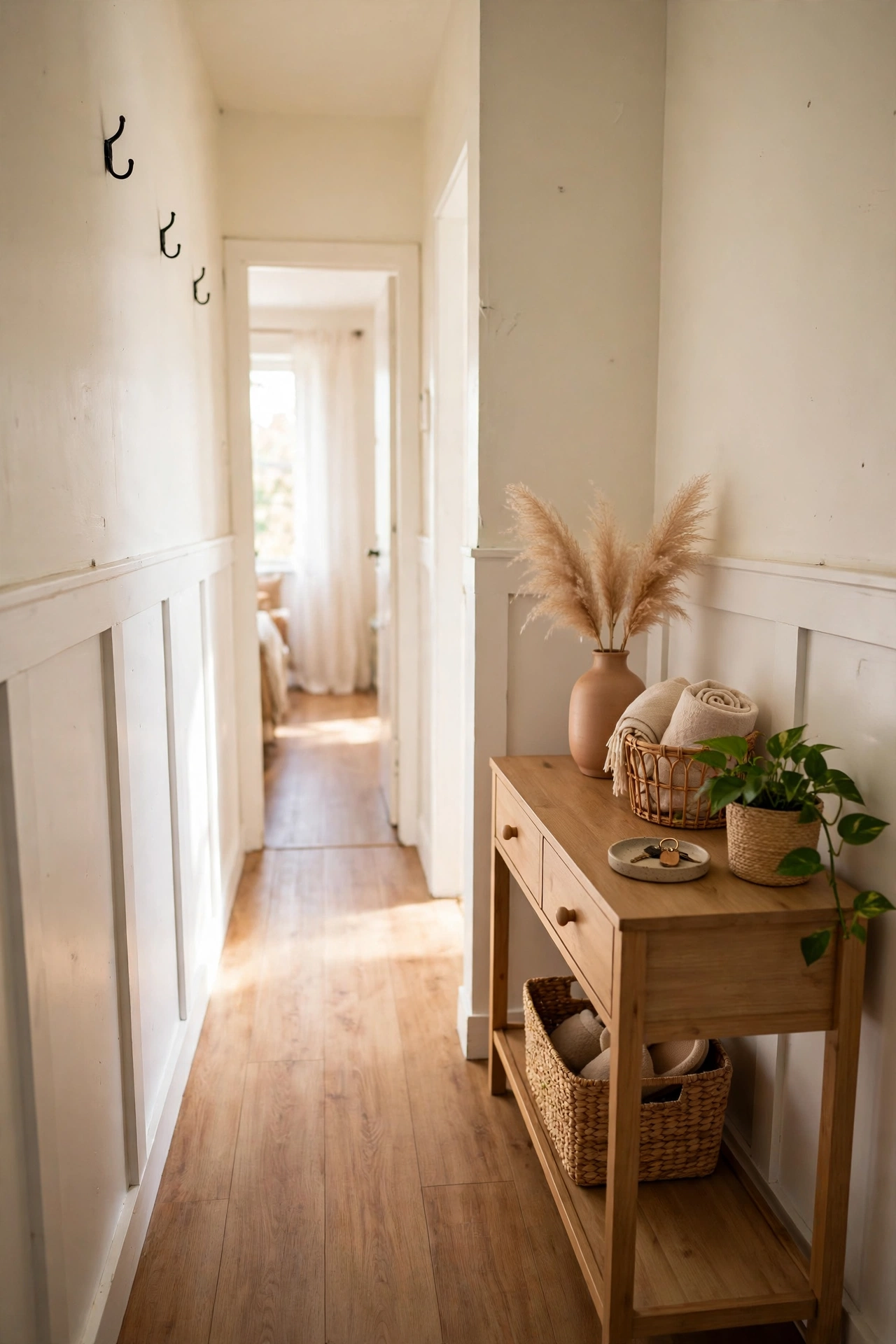 Rental hallway with peel and stick wainscoting panels