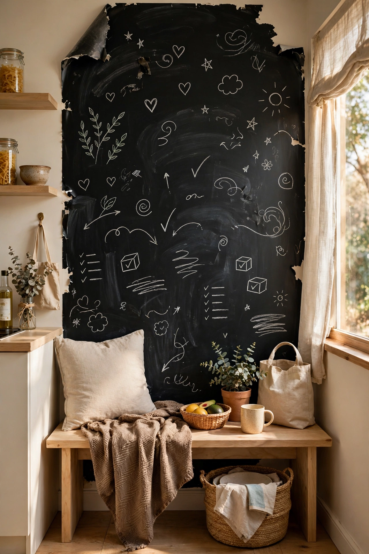 Kitchen nook wall covered in peel and stick chalkboard vinyl with notes