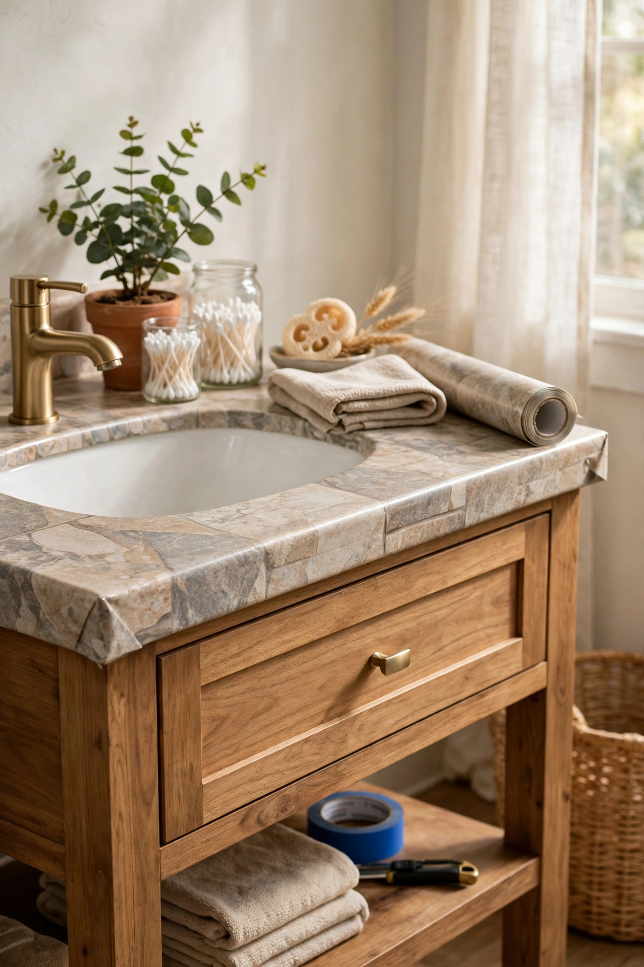 Bathroom vanity top wrapped in stone-look peel and stick vinyl