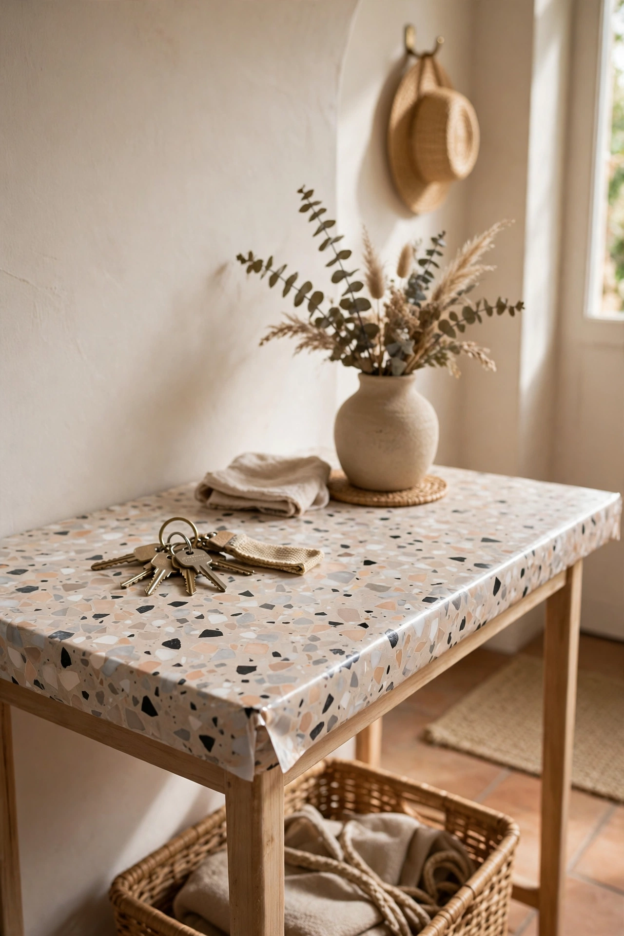 Entry table top wrapped in terrazzo-look peel and stick vinyl